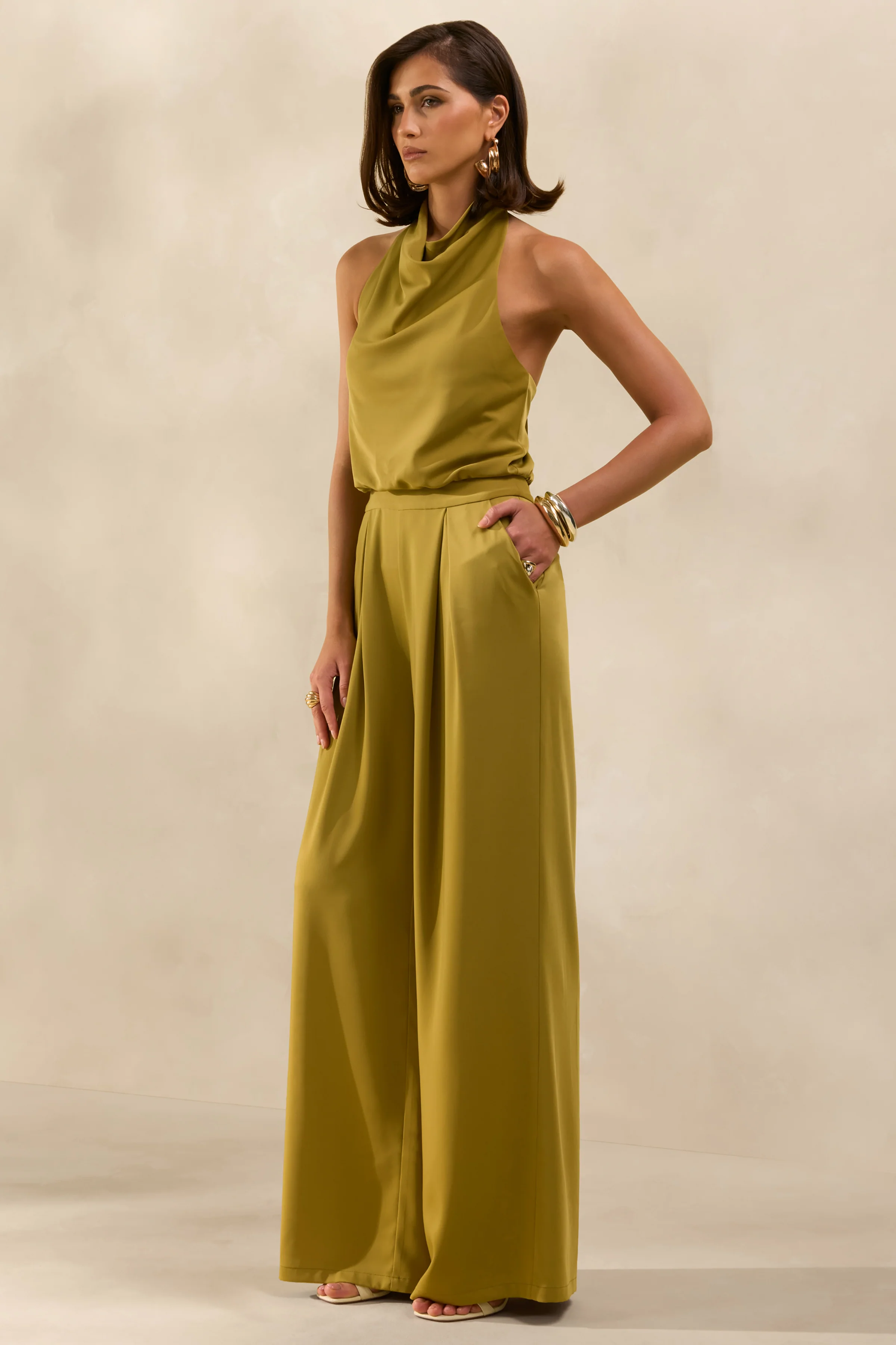 Elisra | Olive Satin Halter-Neck Jumpsuit - Image 5
