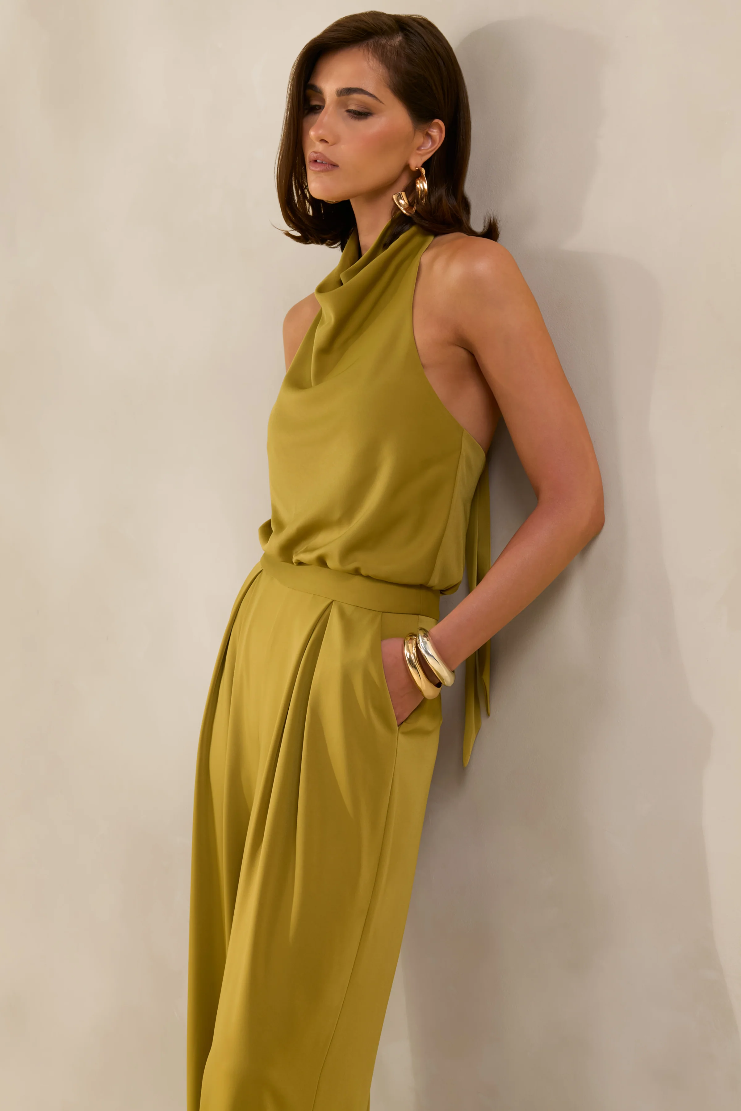 Elisra | Olive Satin Halter-Neck Jumpsuit - Image 8