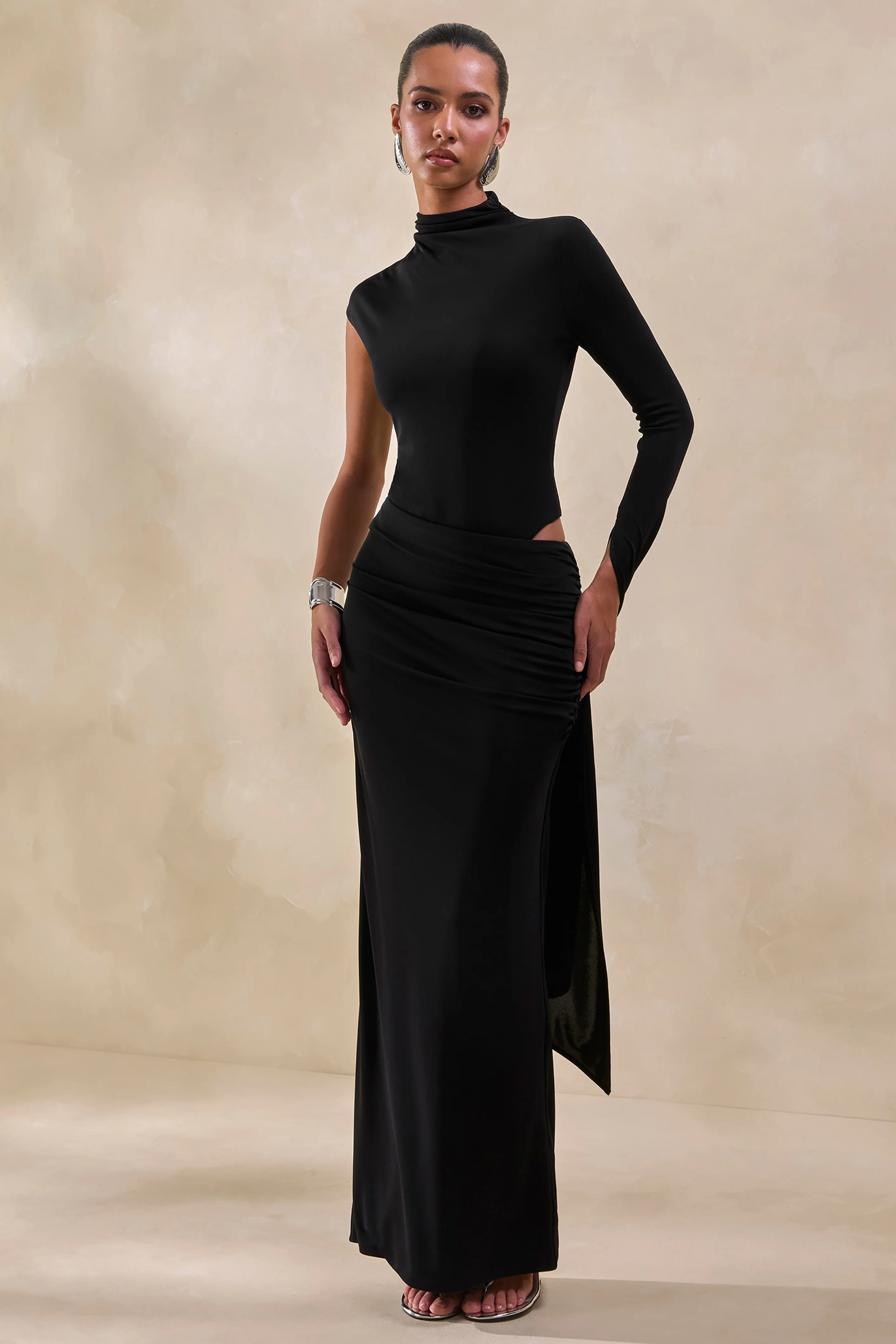 Ellora | Black High-Neck One Sleeve Thong Bodysuit - Image 4