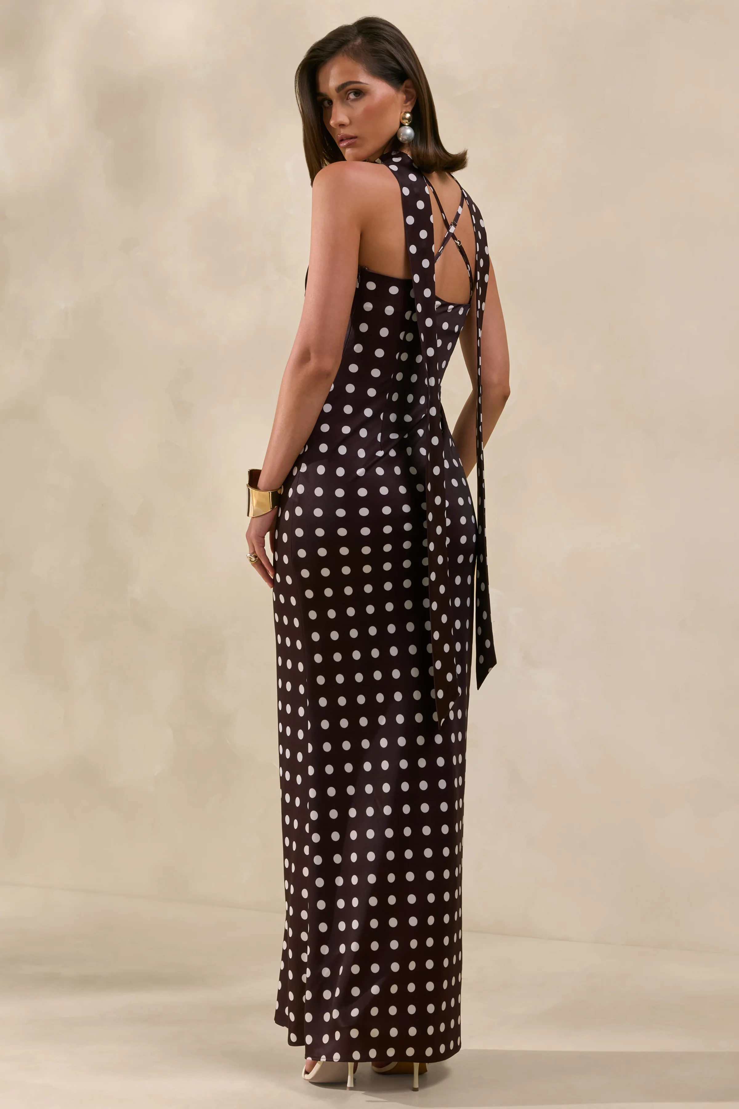 Emaria | Brown Polka-Dot Satin Cowl-Maxi Dress With Scarf - Image 3