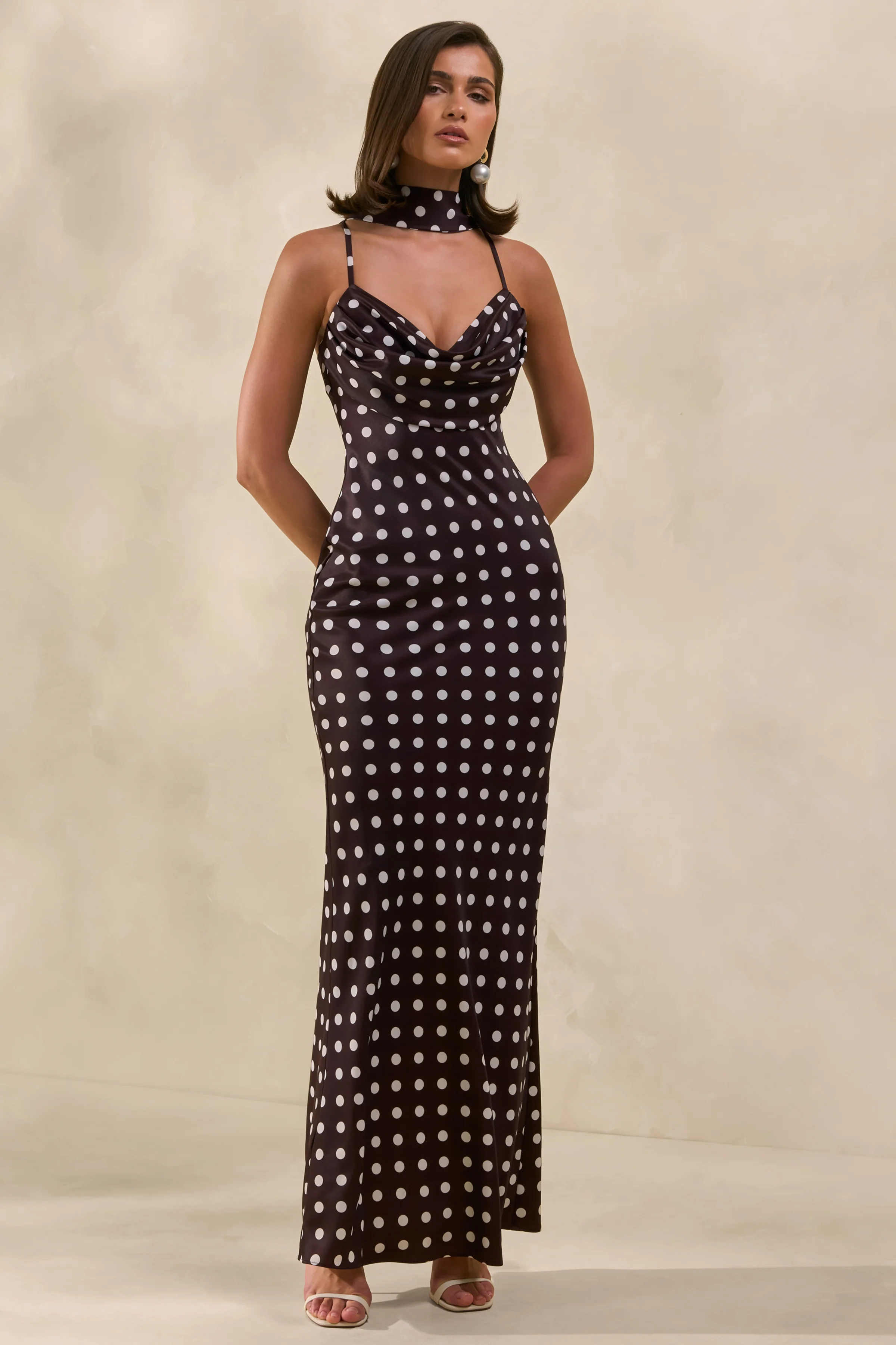 Emaria | Brown Polka-Dot Satin Cowl-Maxi Dress With Scarf - Image 5