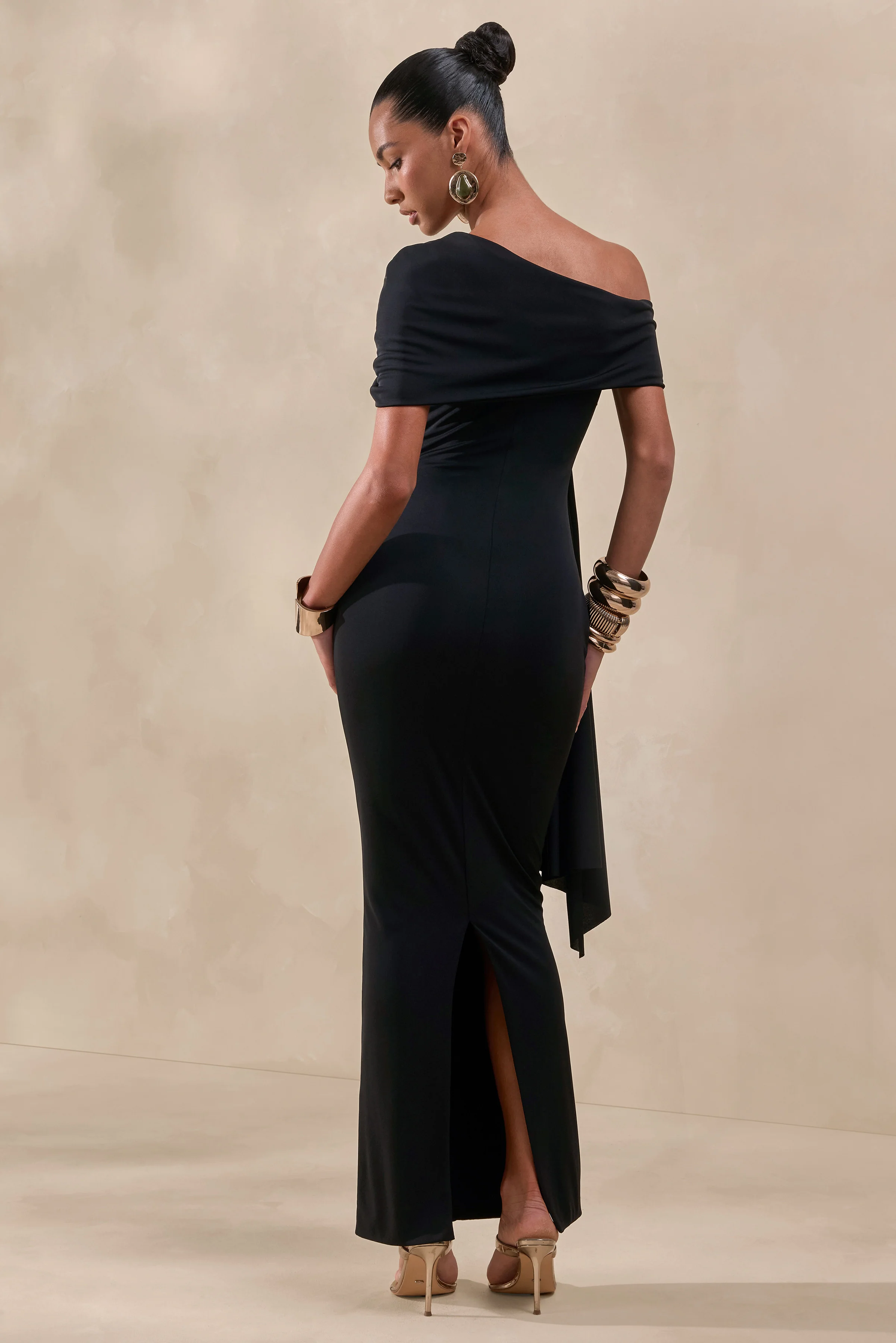 Esalina | Black Asymmetric-Neck Maxi Dress With Sash - Image 2