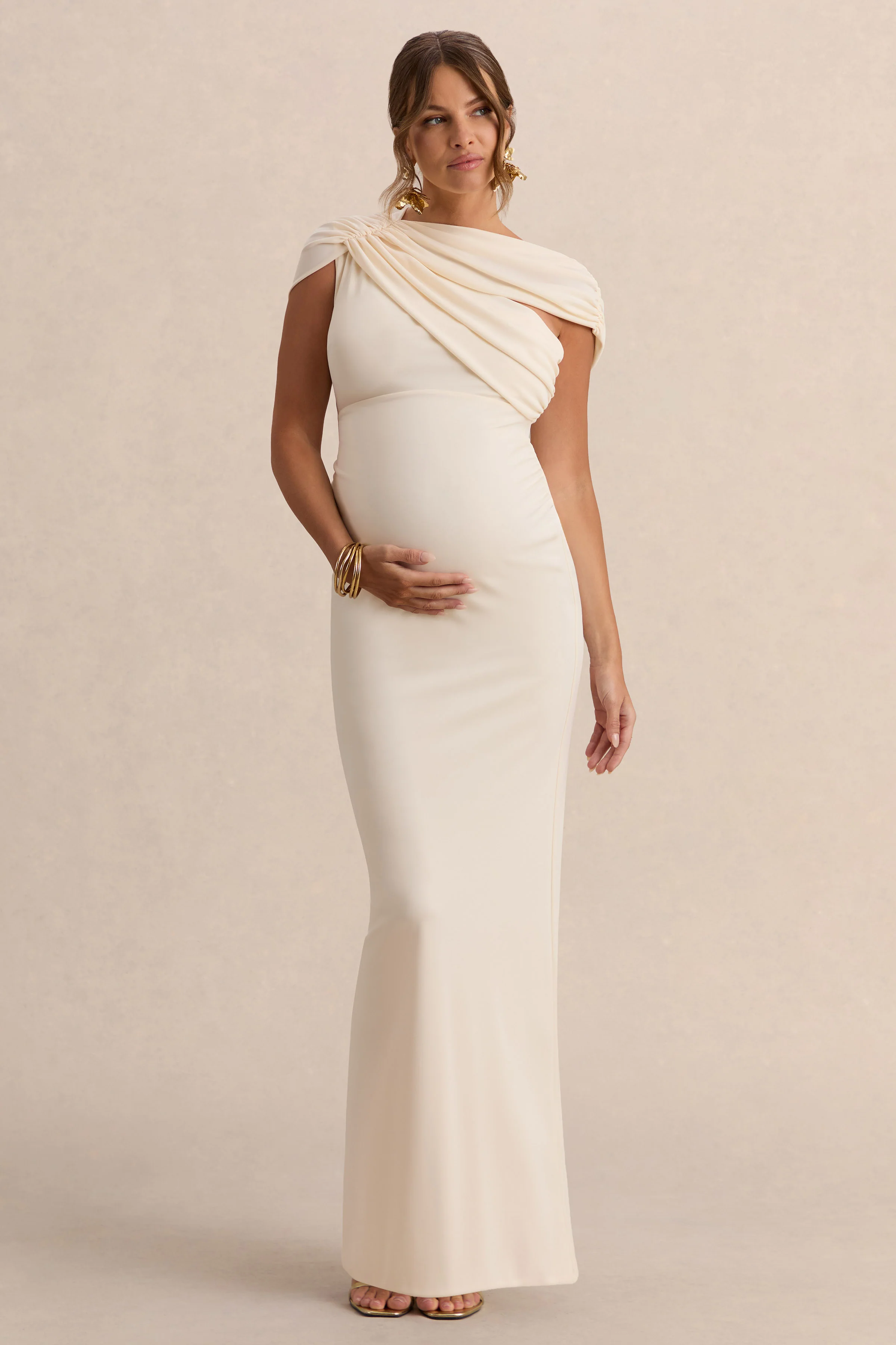 Eulalia | Cream Asymmetric-Neck Maternity Maxi Dress With Cape Detail