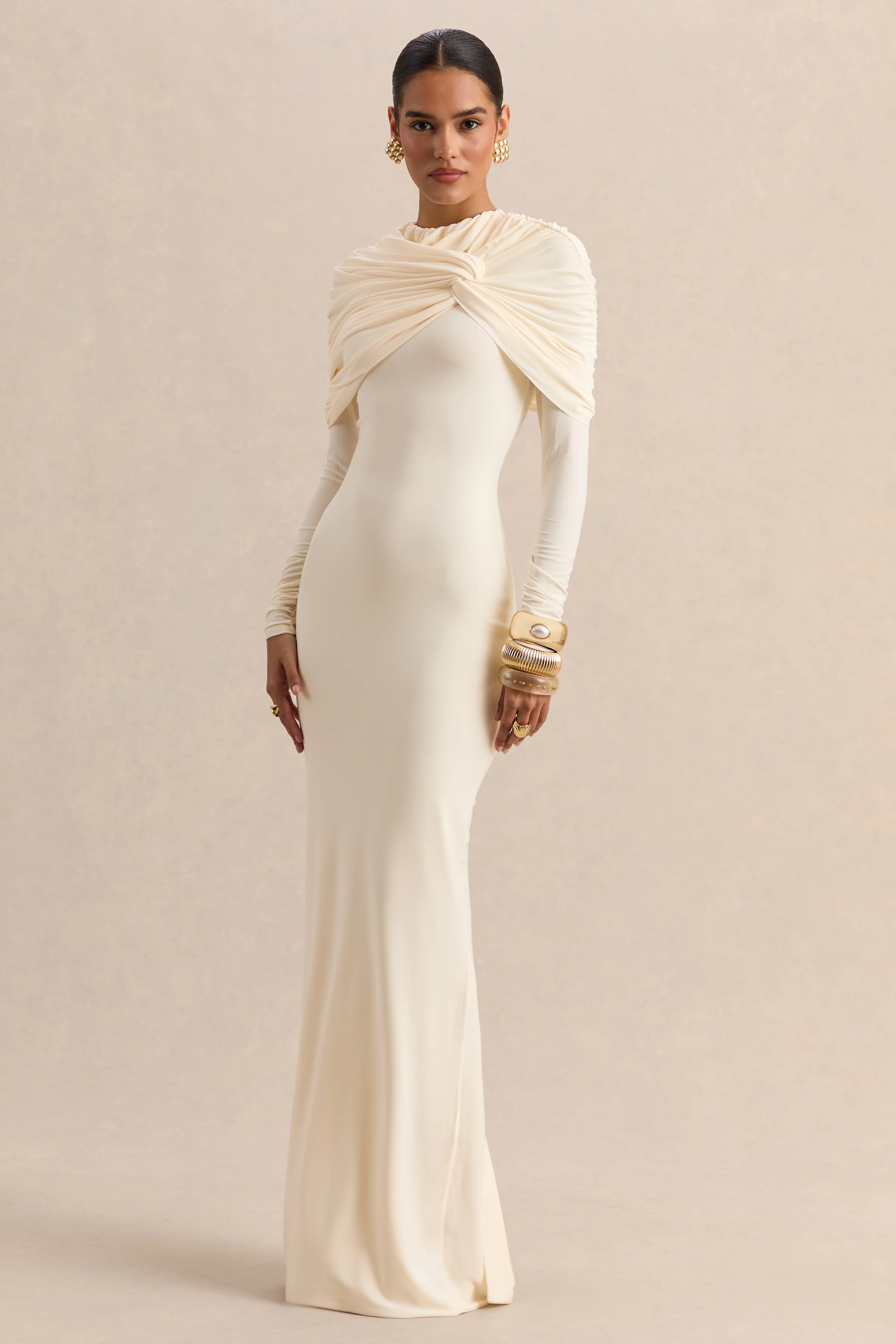 Evessa | Cream Crew-Neck Maxi Dress With Gathered-Detailing - Image 4