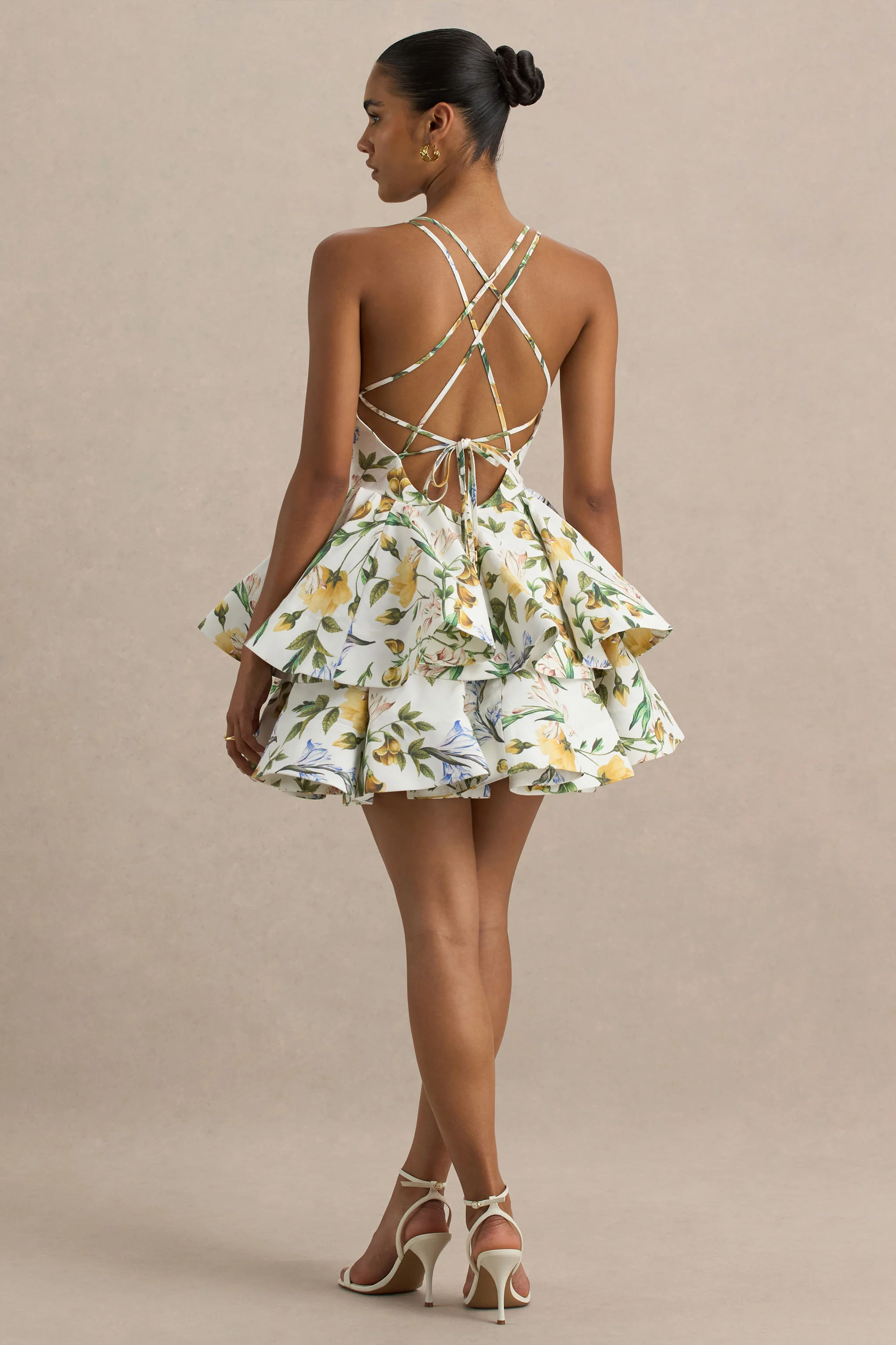 Flavia | Lemon Floral Print Plunge-Neck Ruffled Skater Micro-Mini Dress - Image 4