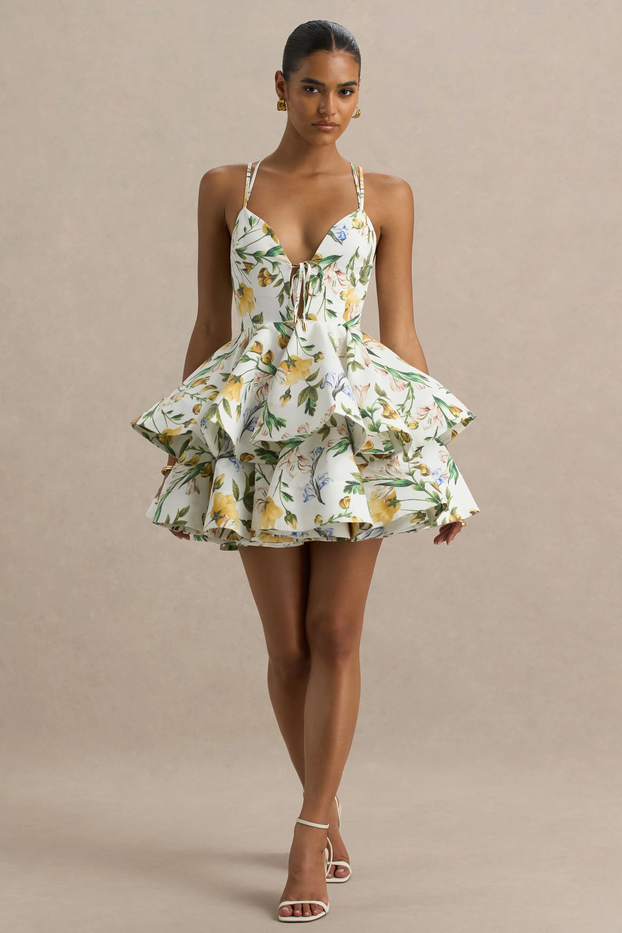 Flavia | Lemon Floral Print Plunge-Neck Ruffled Skater Micro-Mini Dress - Image 6