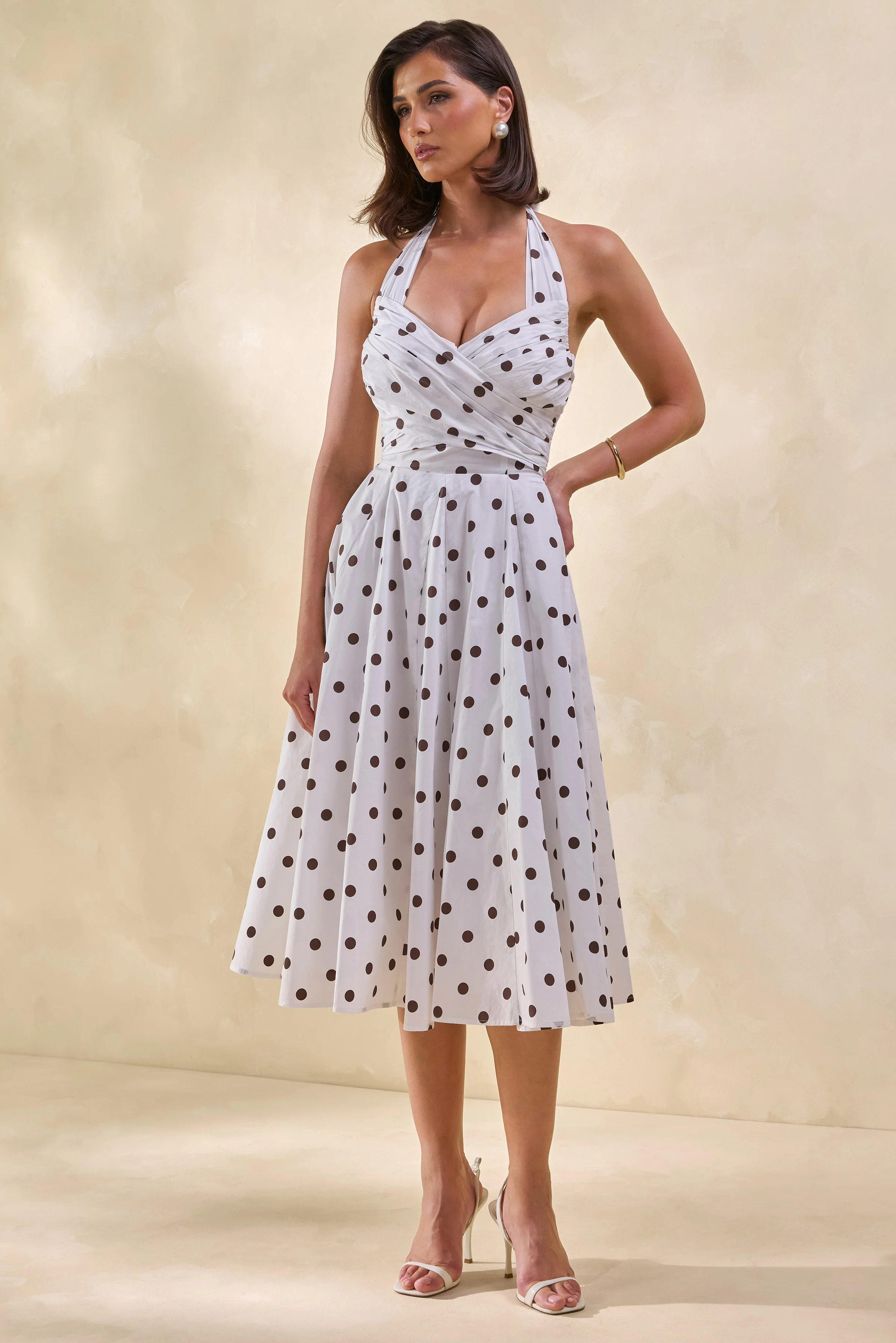 Franceline | Cream & Brown Polka-Dot Halter-Neck Midi-Dress - Image 6