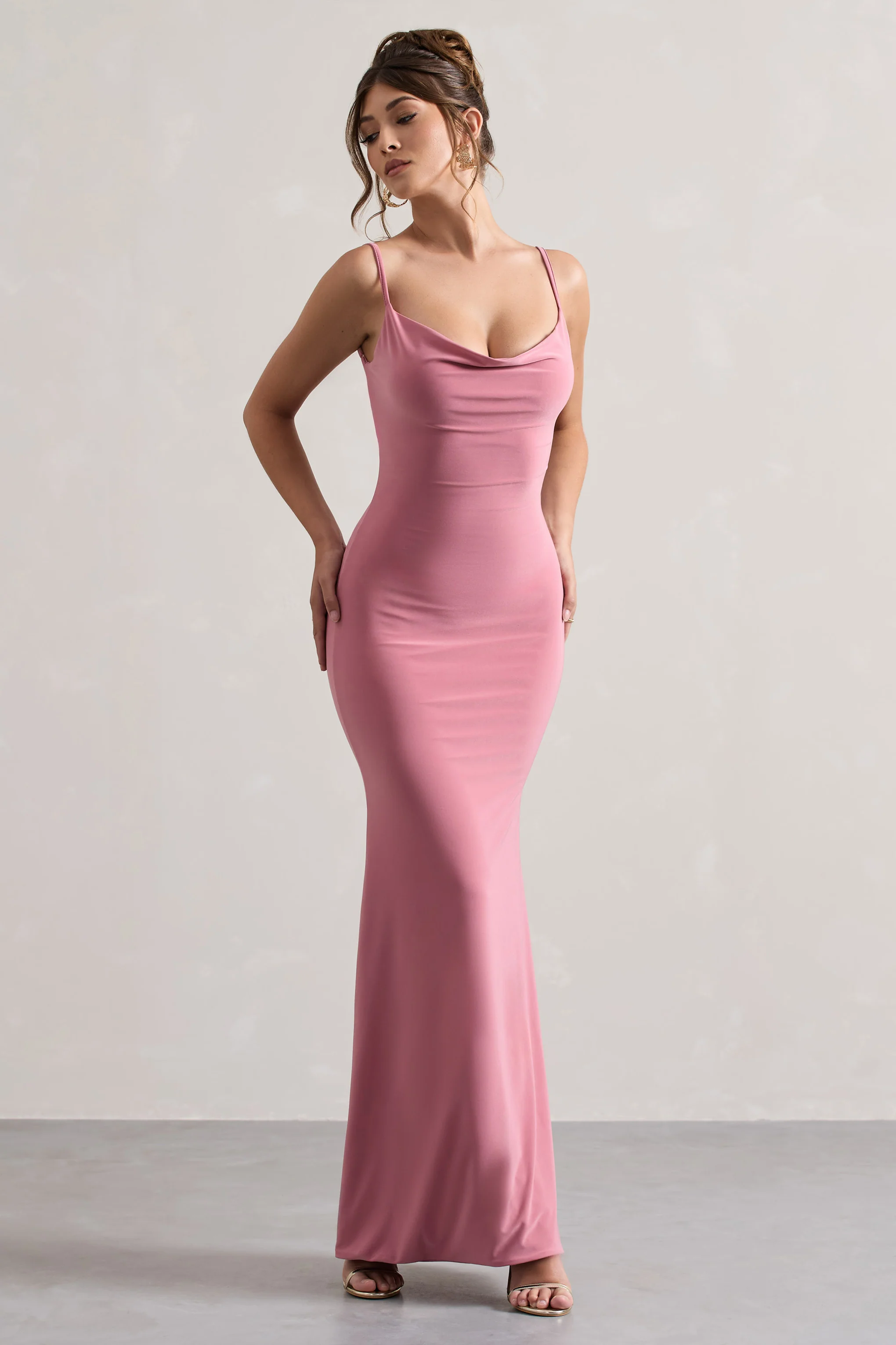 Francoise | Blush Cowl Neck Backless Maxi Dress With Lace Insert - Image 2