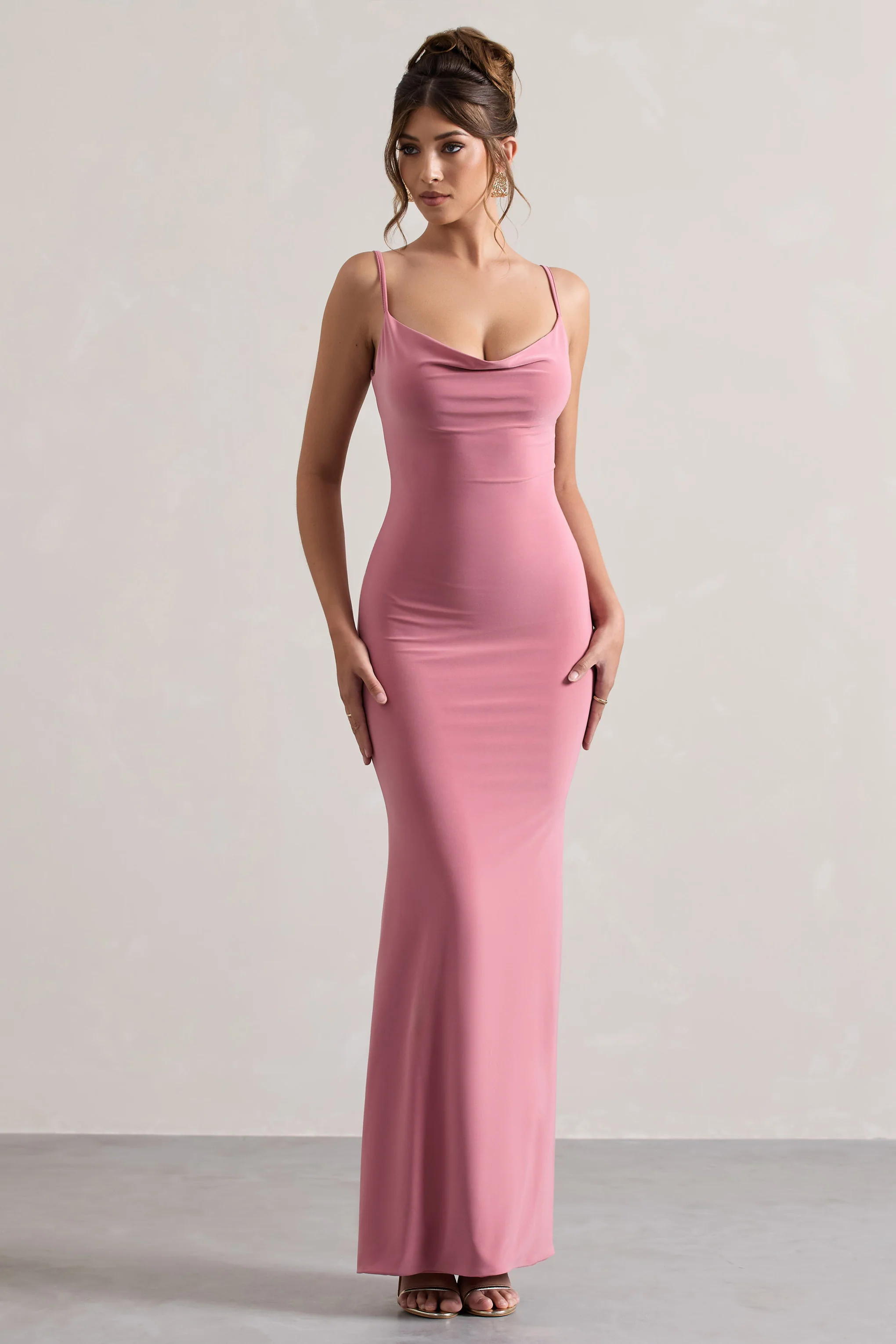 Francoise | Blush Cowl Neck Backless Maxi Dress With Lace Insert - Image 4