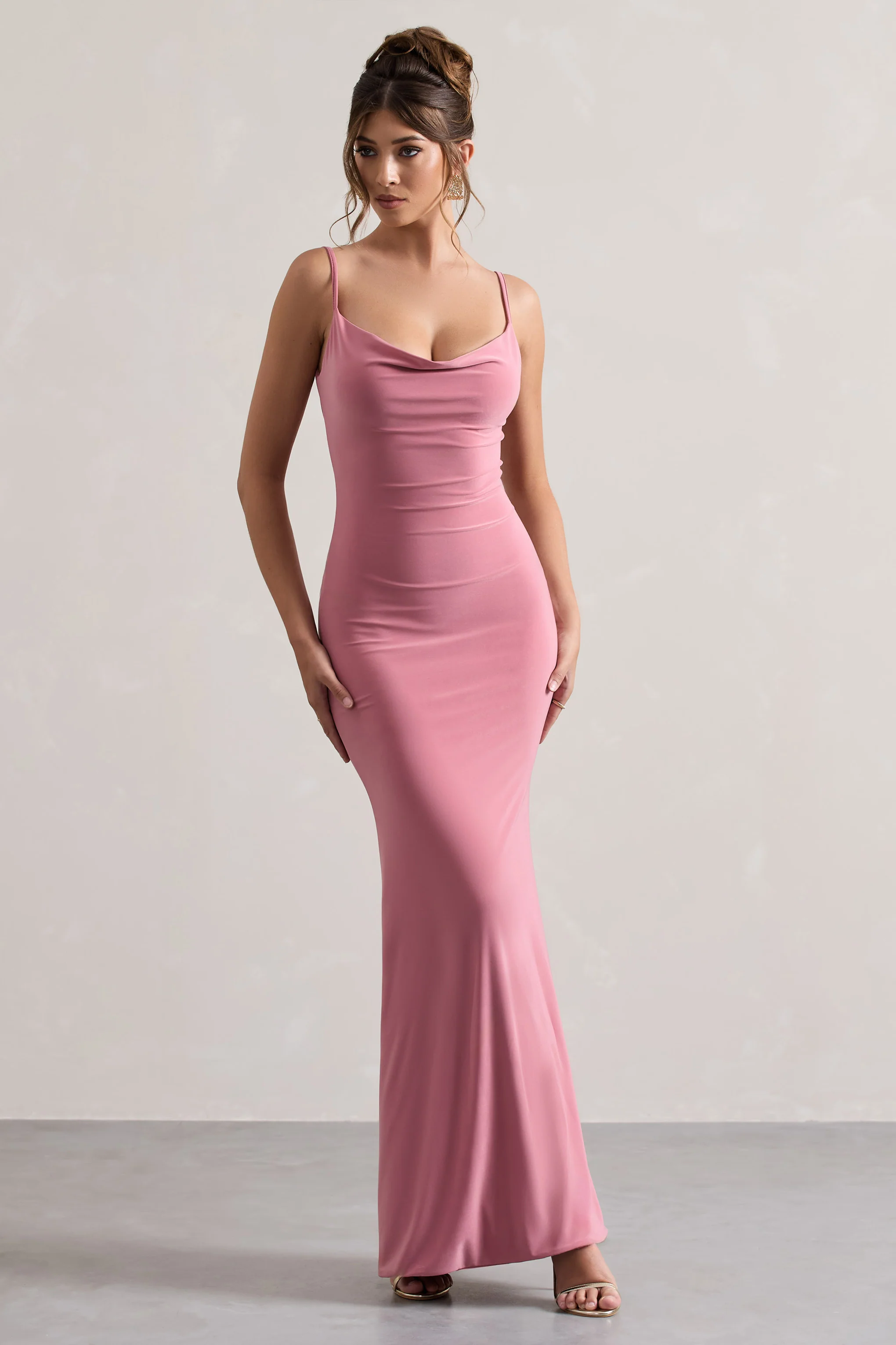 Francoise | Blush Cowl Neck Backless Maxi Dress With Lace Insert - Image 5