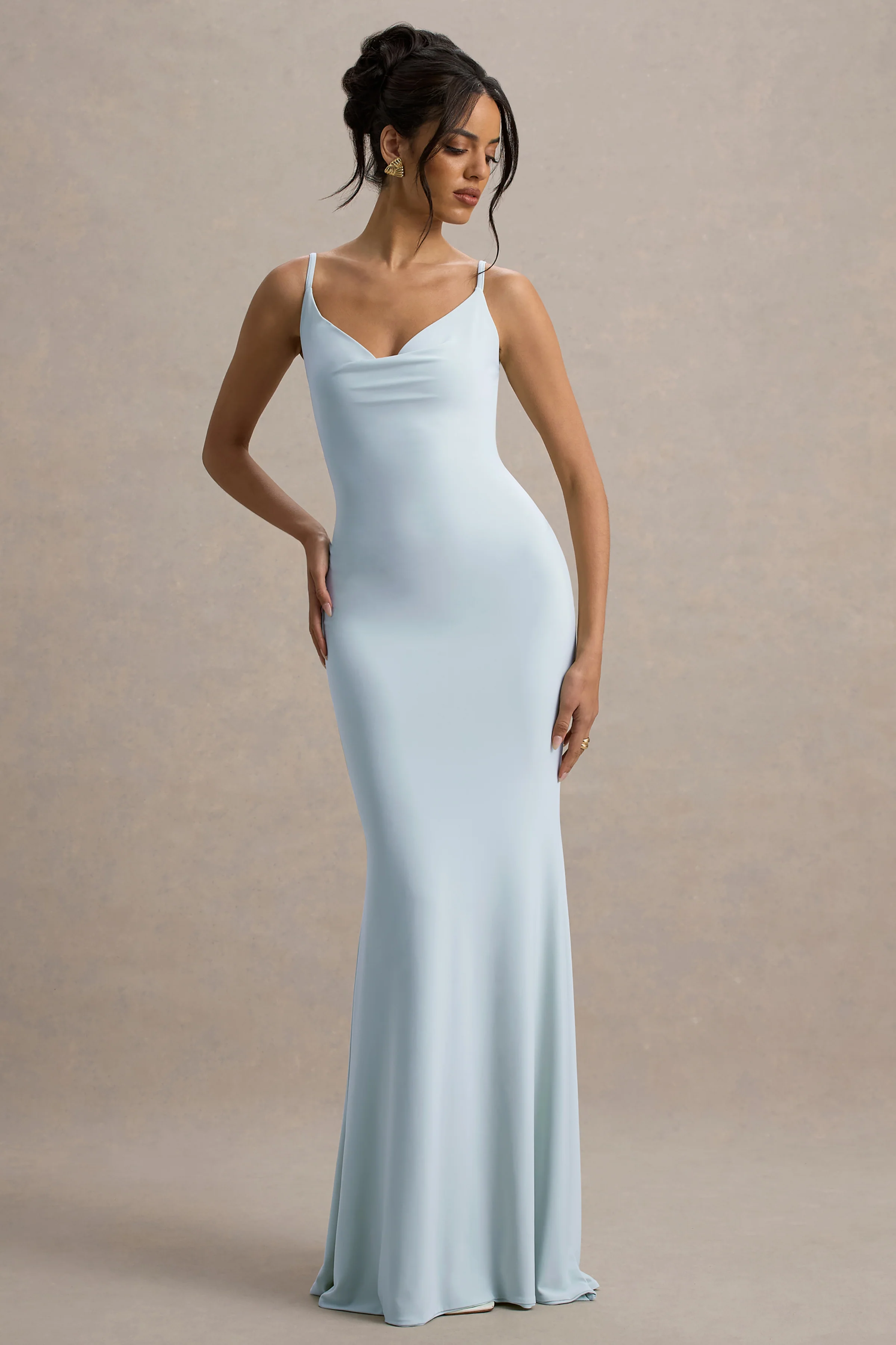 Francoise | Light Blue Cowl Neck Backless Maxi Dress With Lace Insert - Image 2