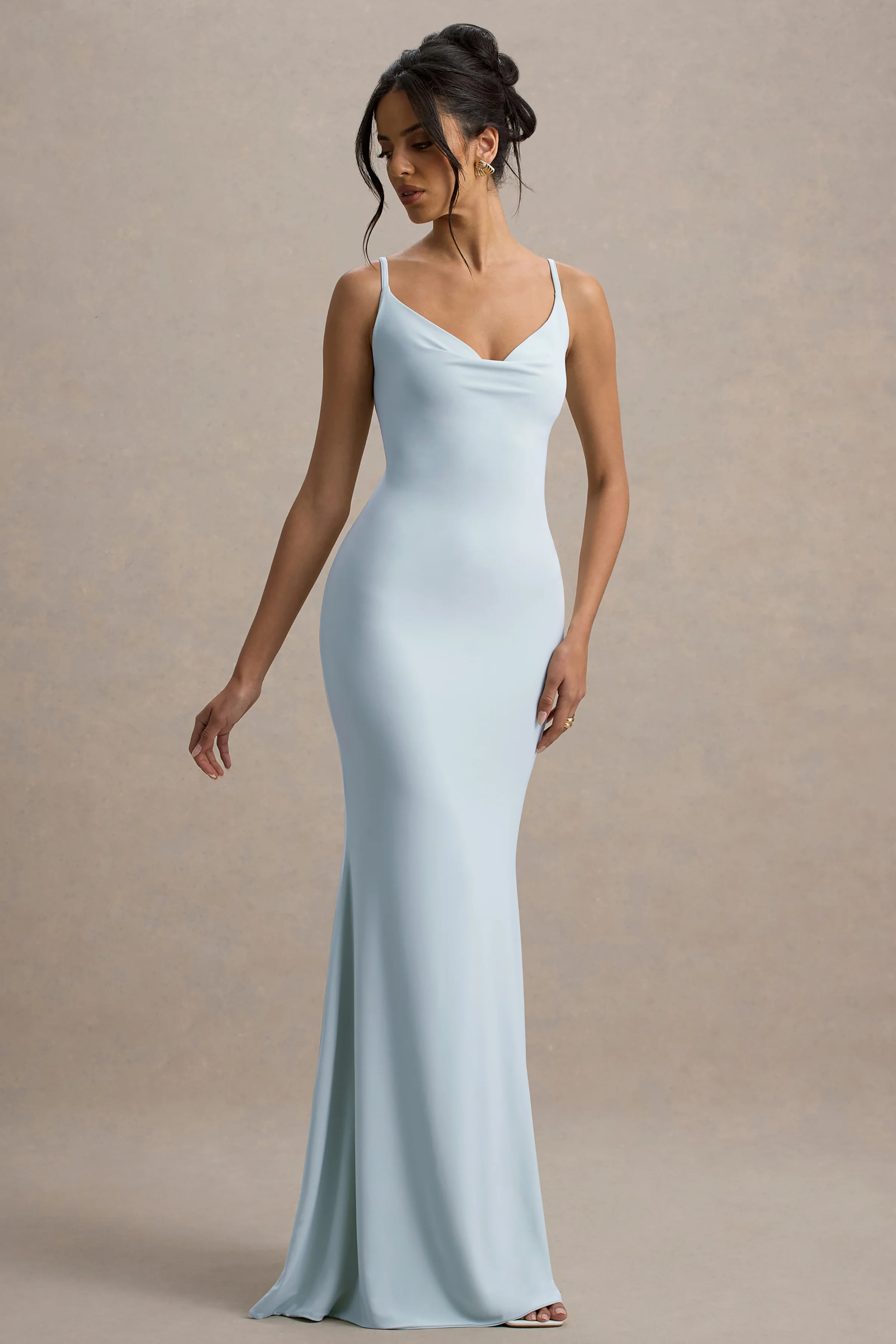 Francoise | Light Blue Cowl Neck Backless Maxi Dress With Lace Insert - Image 4