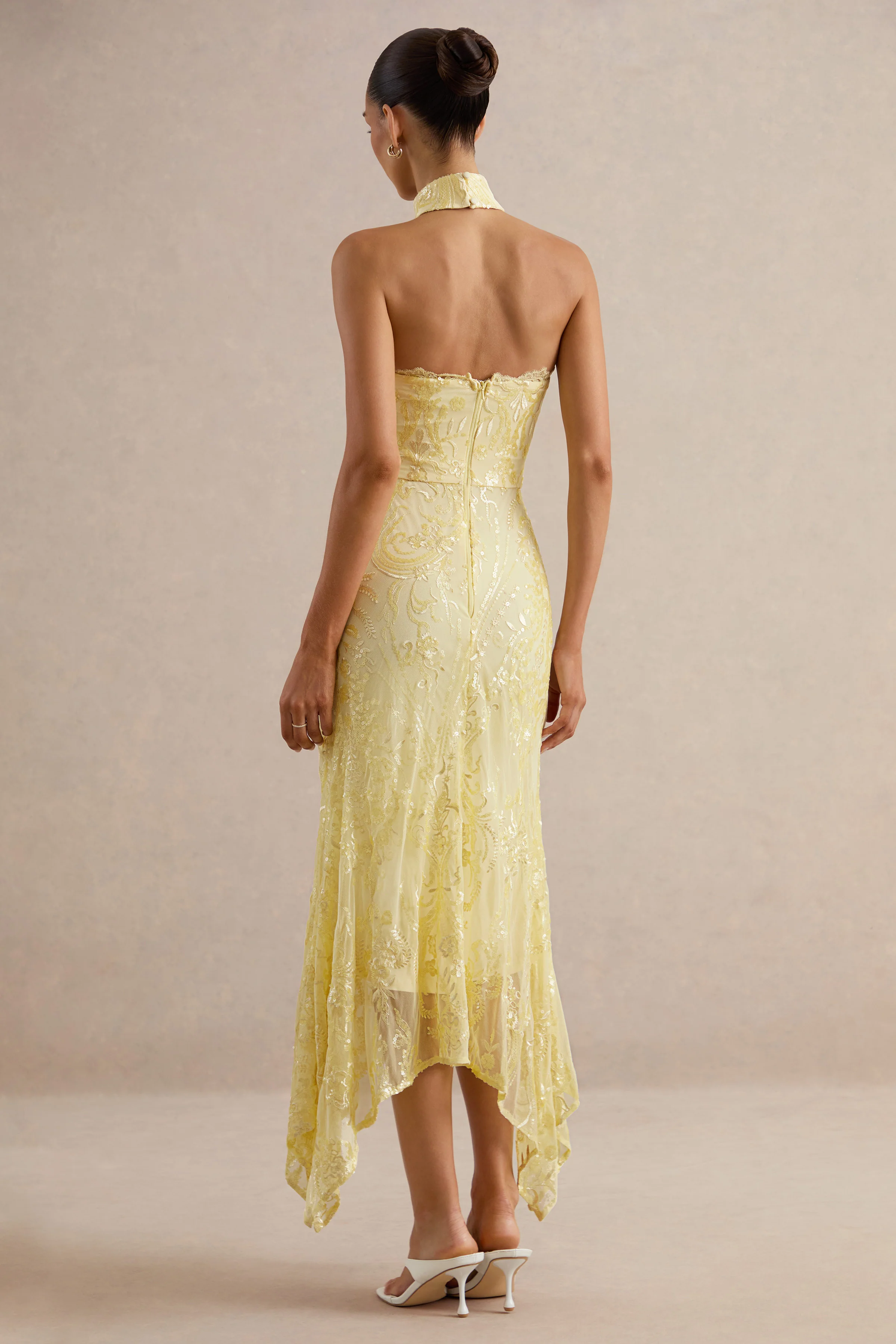 Galathea | Yellow Lace Bandeau-Neck Midi Dress With Collar Detail - Image 2