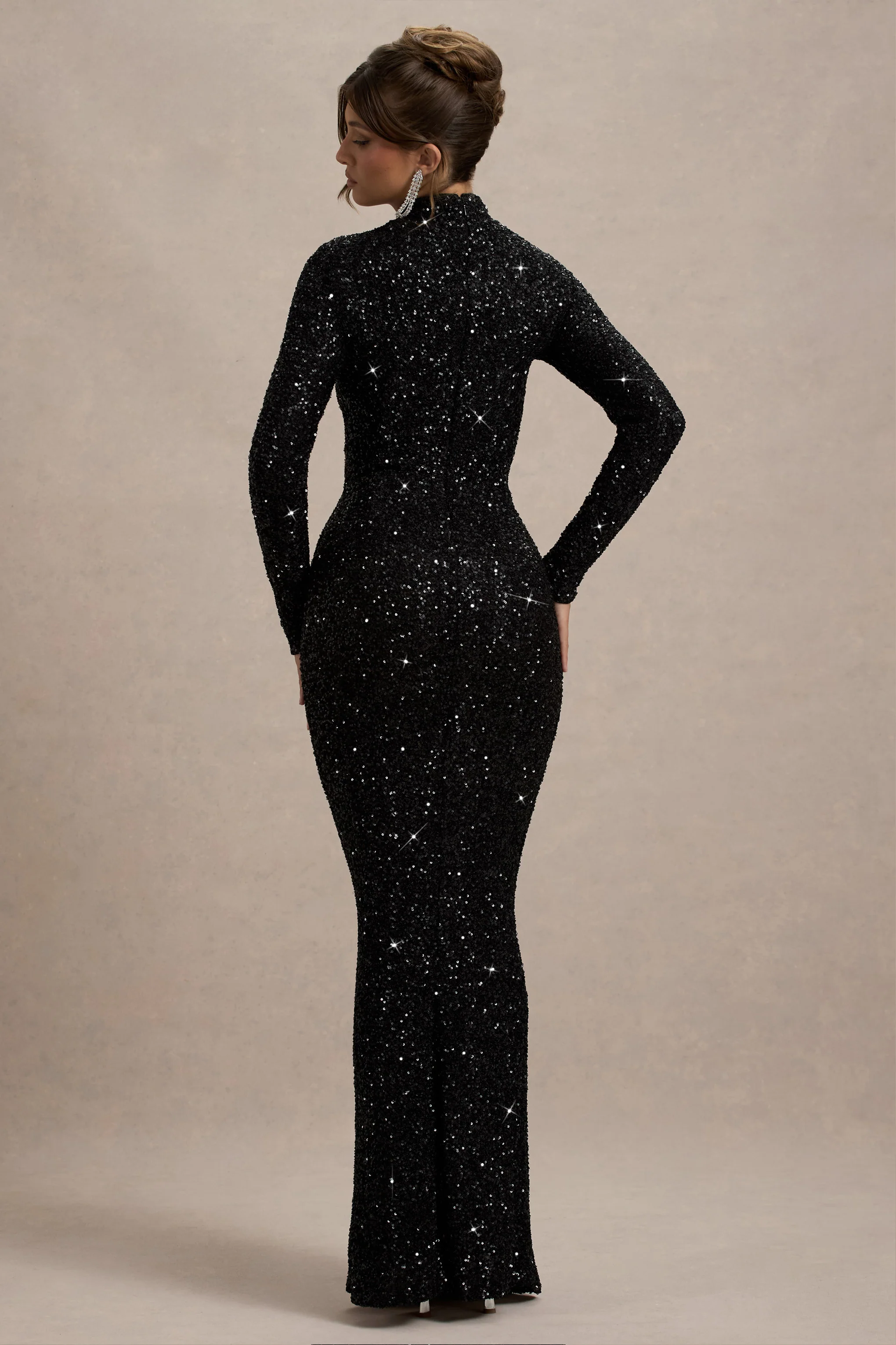 Galaxy | Black Sequin Turtle-Neck Long-Sleeve Maxi Dress - Image 2