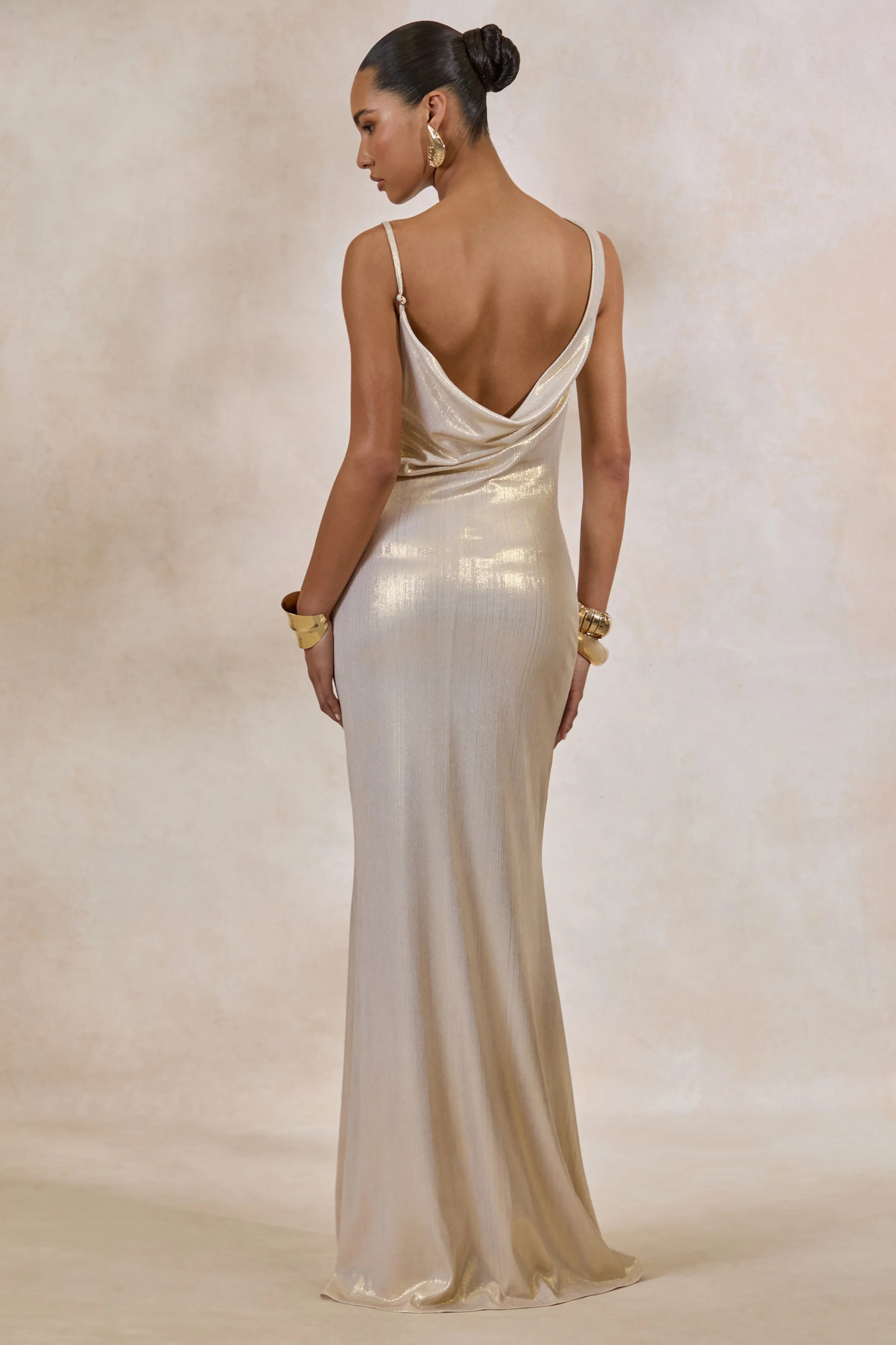 Galaxy Shimmer | Champagne Bias Cut Cowl Front Maxi Dress - Image 2