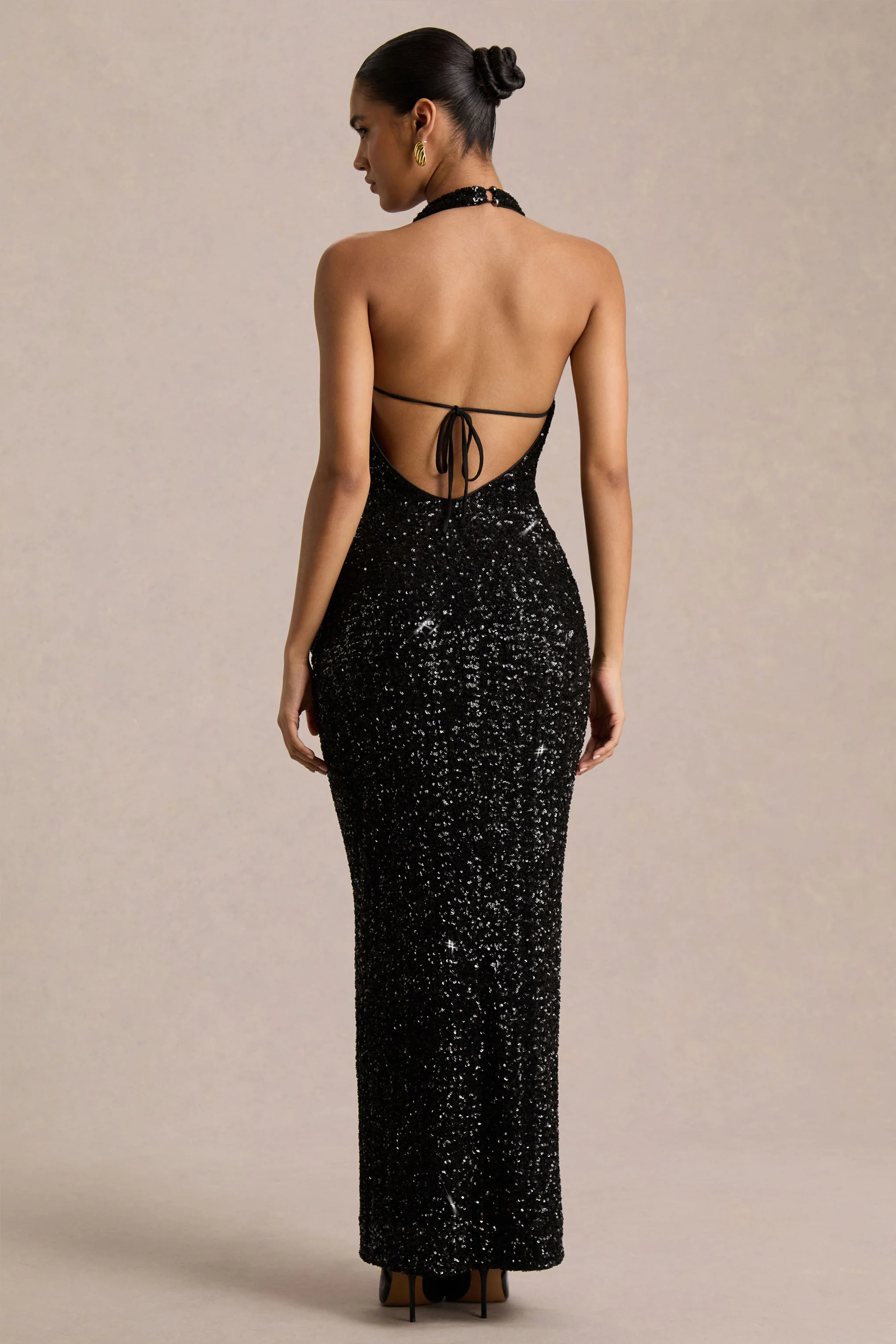 Gio | Black Sequin Plunge-Neck Wrap Maxi Dress With Ruched Detailing And Front Split - Image 2