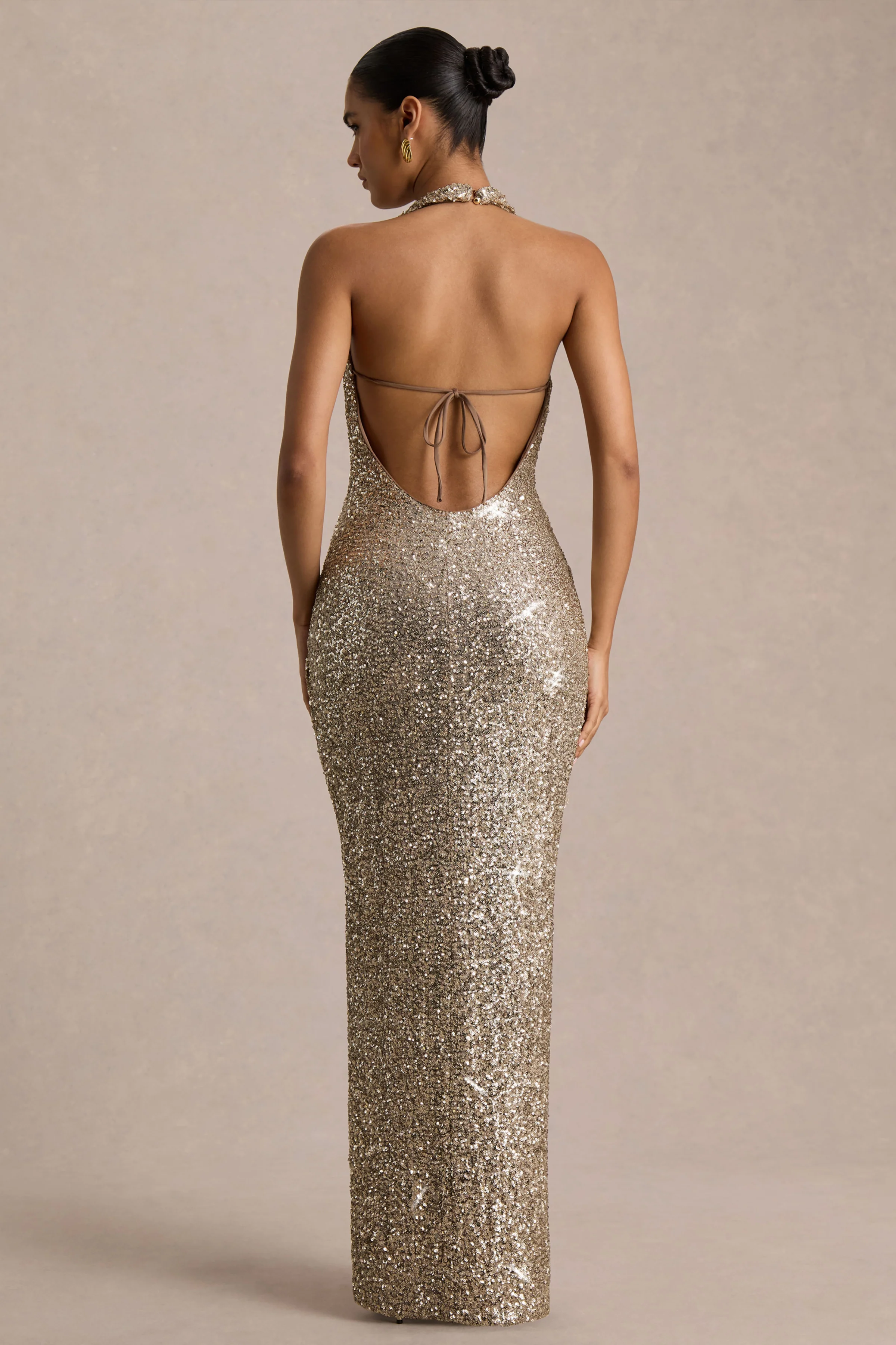 Gio | Champagne Sequin Plunge-Neck Wrap Maxi Dress With Ruched Detailing And Front Split - Image 2