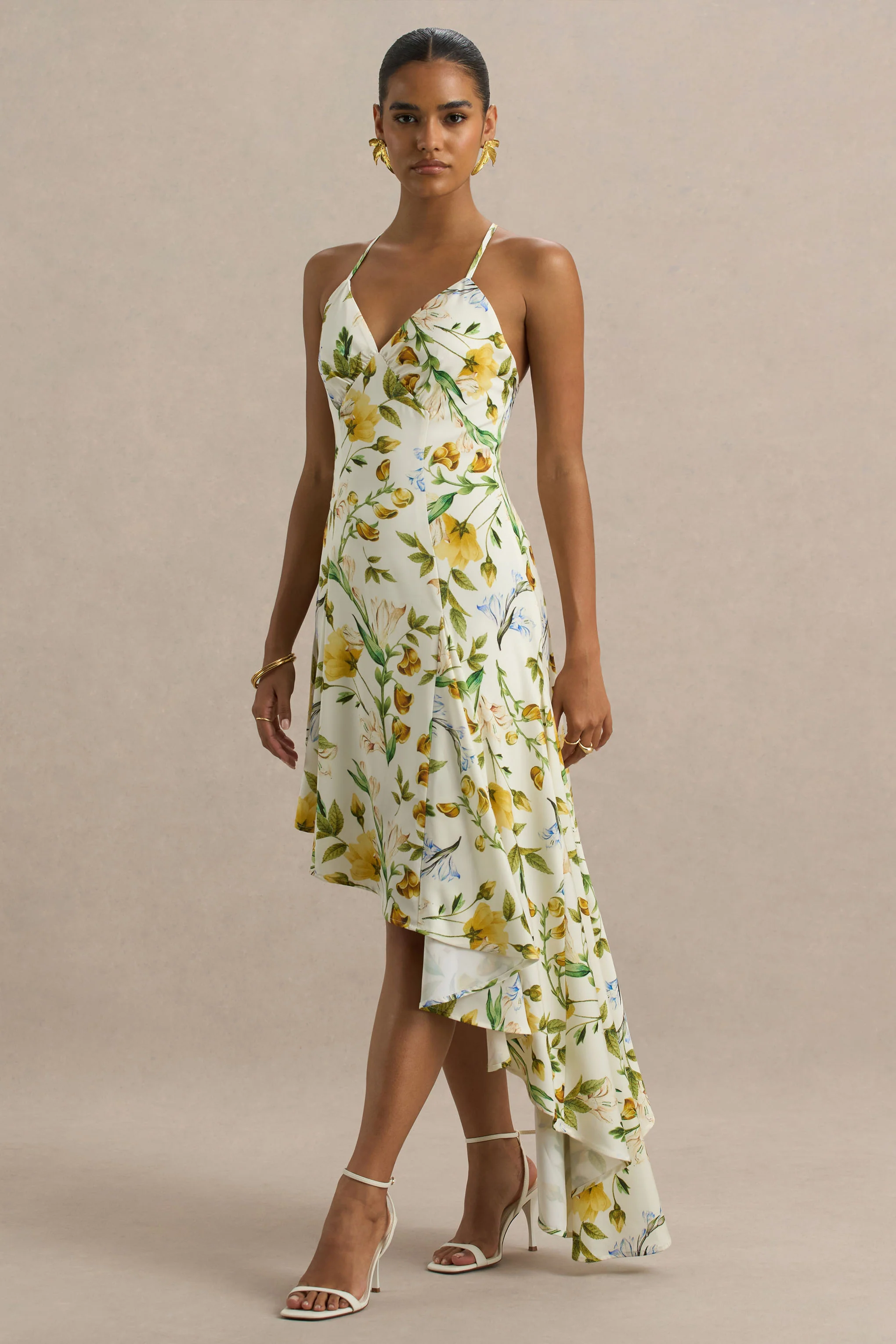 Glint | Lemon Floral Print Satin Plunge-Neck Maxi Dress With Asymmetric Hem - Image 5