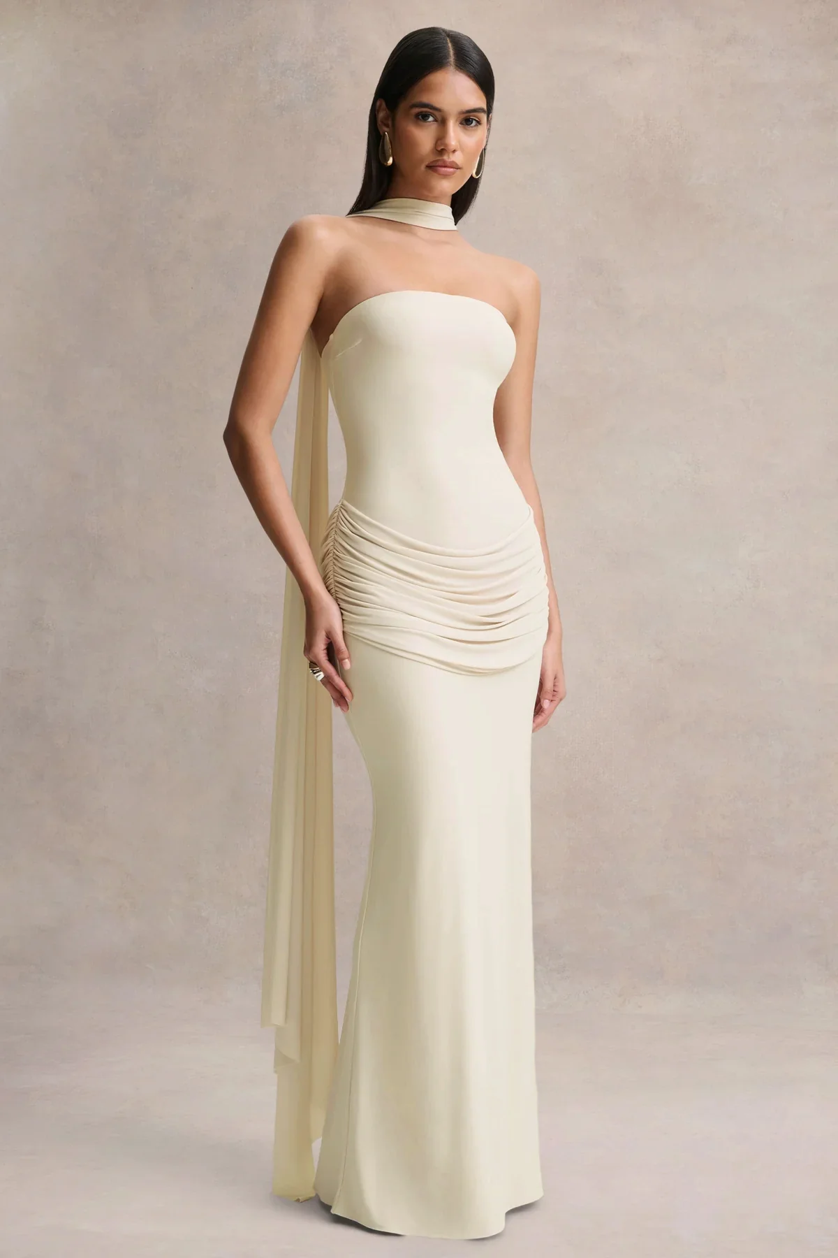Graciella | Cream Bandeau Maxi Dress With Draped Detailing And Scarf - Image 4
