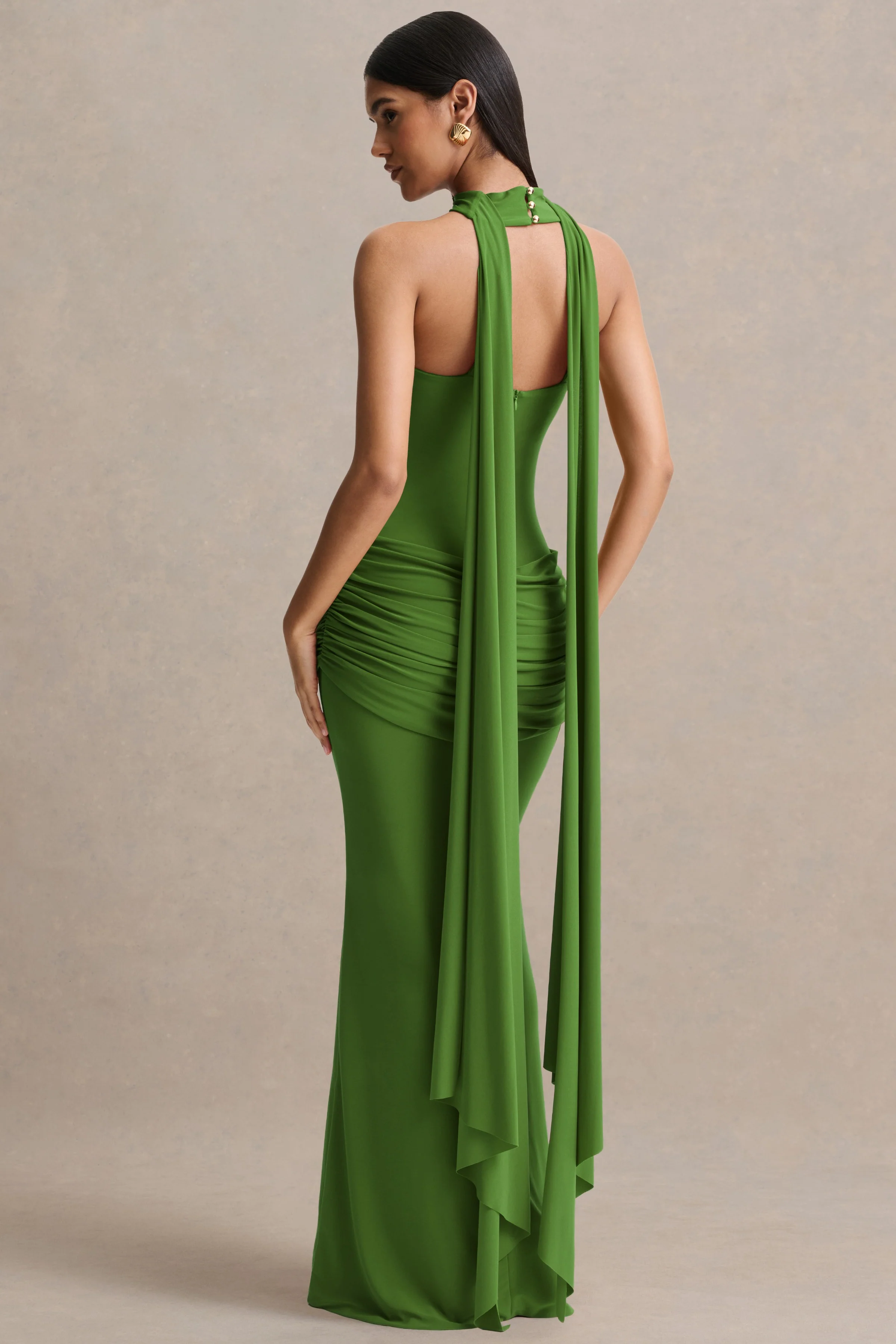 Graciella | Green Bandeau Maxi Dress With Draped Detailing And Scarf - Image 2