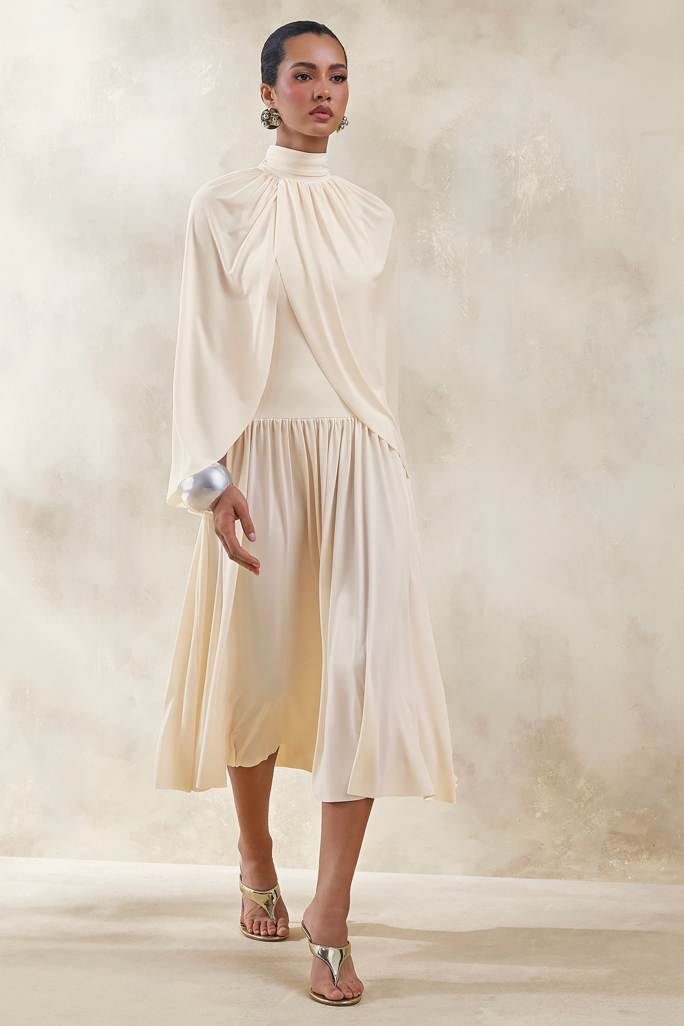 Honora | Cream High-Neck Midi Dress With Cape-Sleeves - Image 5