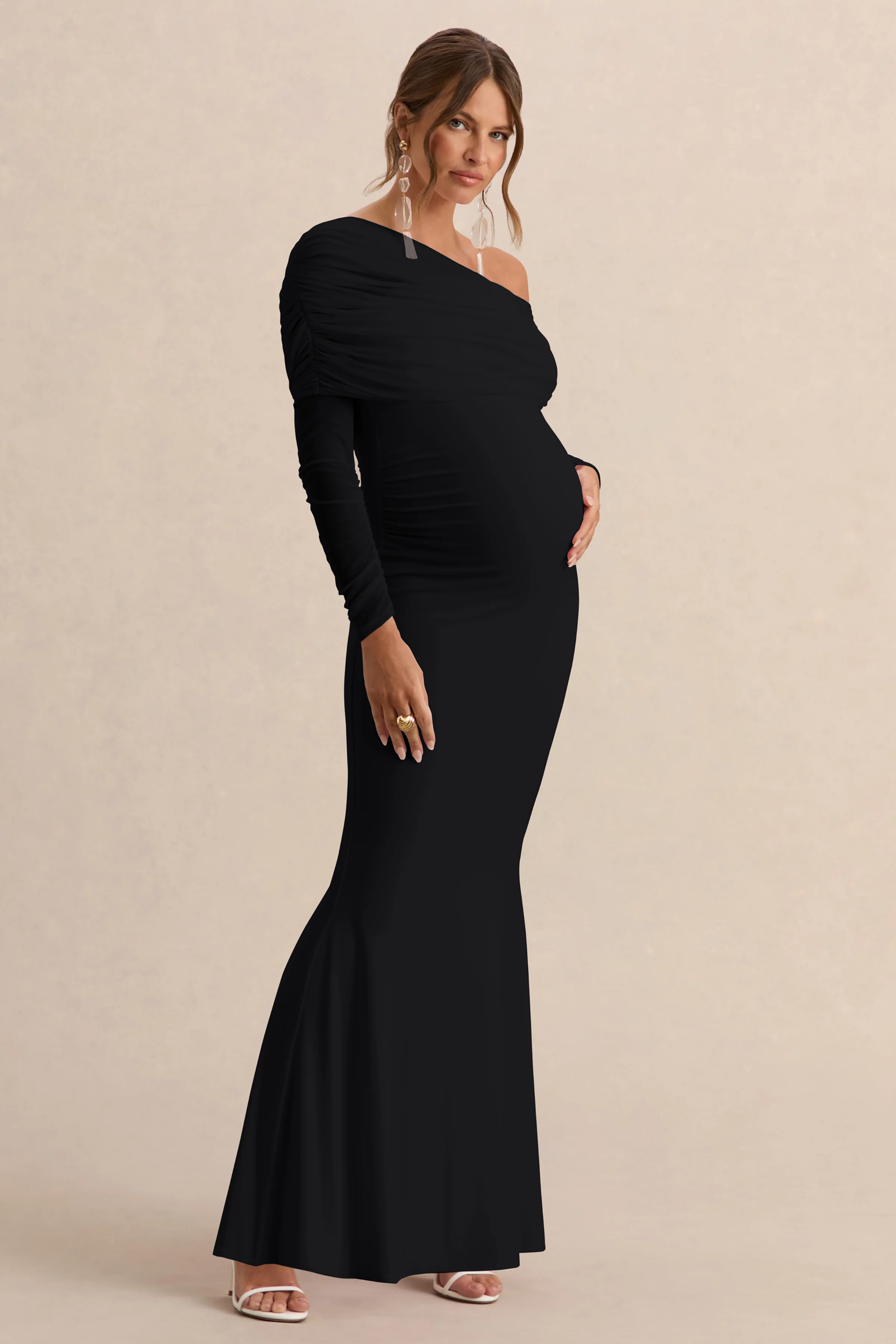 Ianthe | Black Asymmetric-Neck Maternity Maxi Dress With Mesh Long Sleeves - Image 5