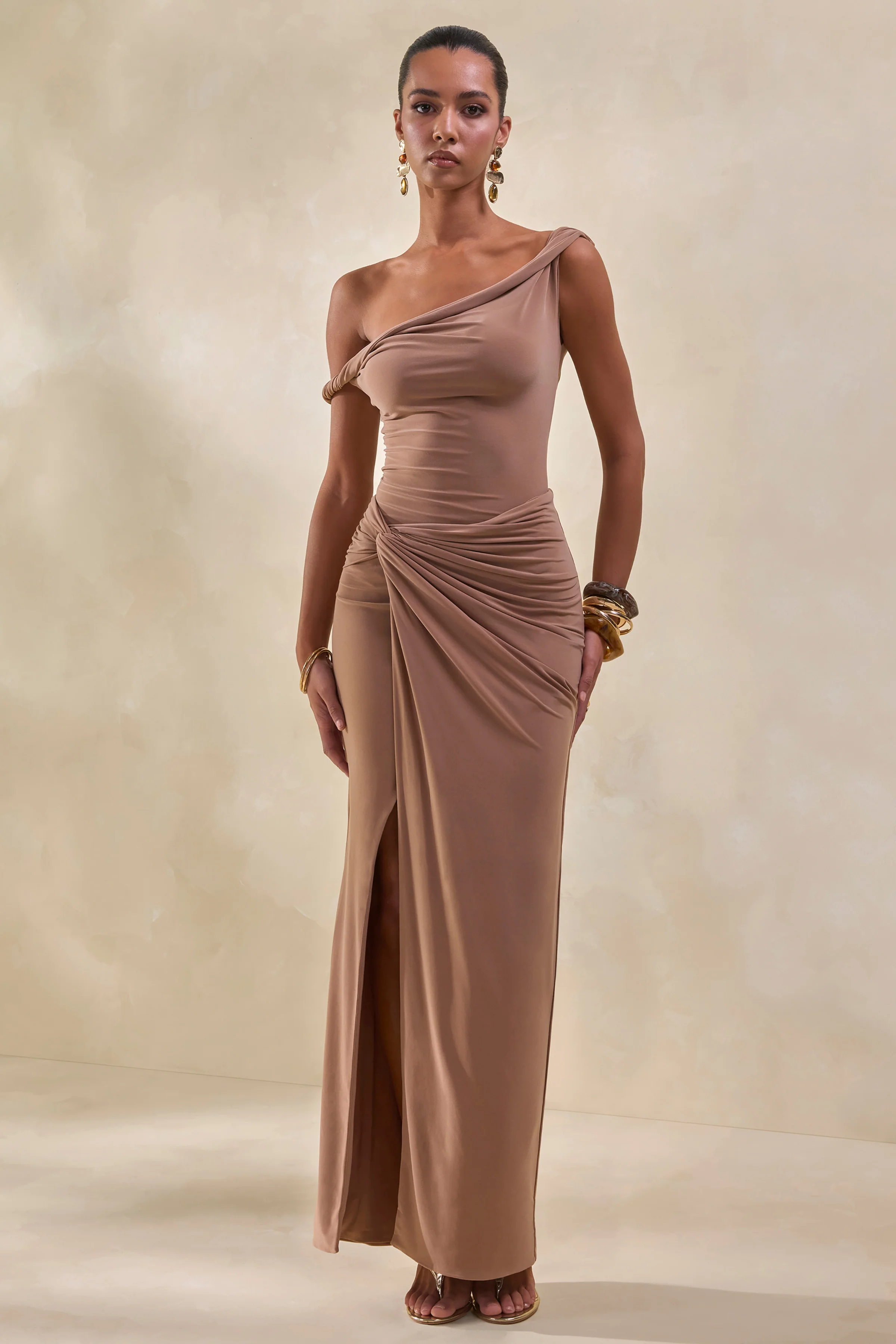 Idris | Brown Twisted Waist Maxi Skirt With Front Split - Image 2