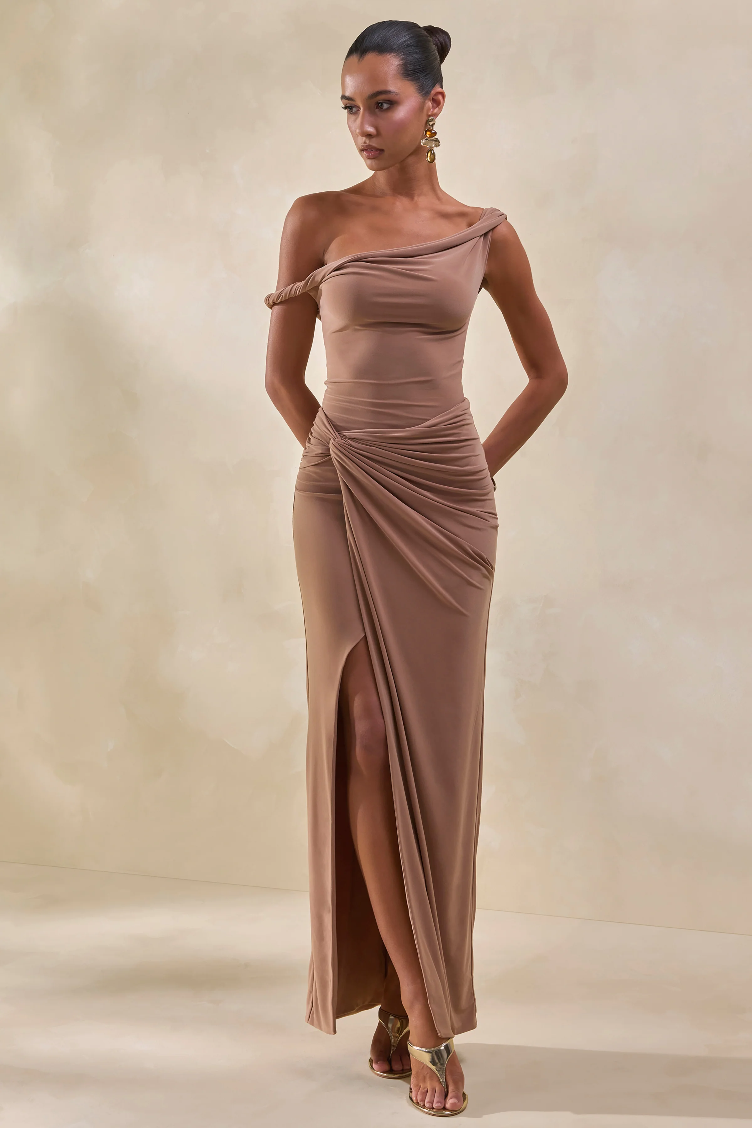 Idris | Brown Twisted Waist Maxi Skirt With Front Split - Image 5