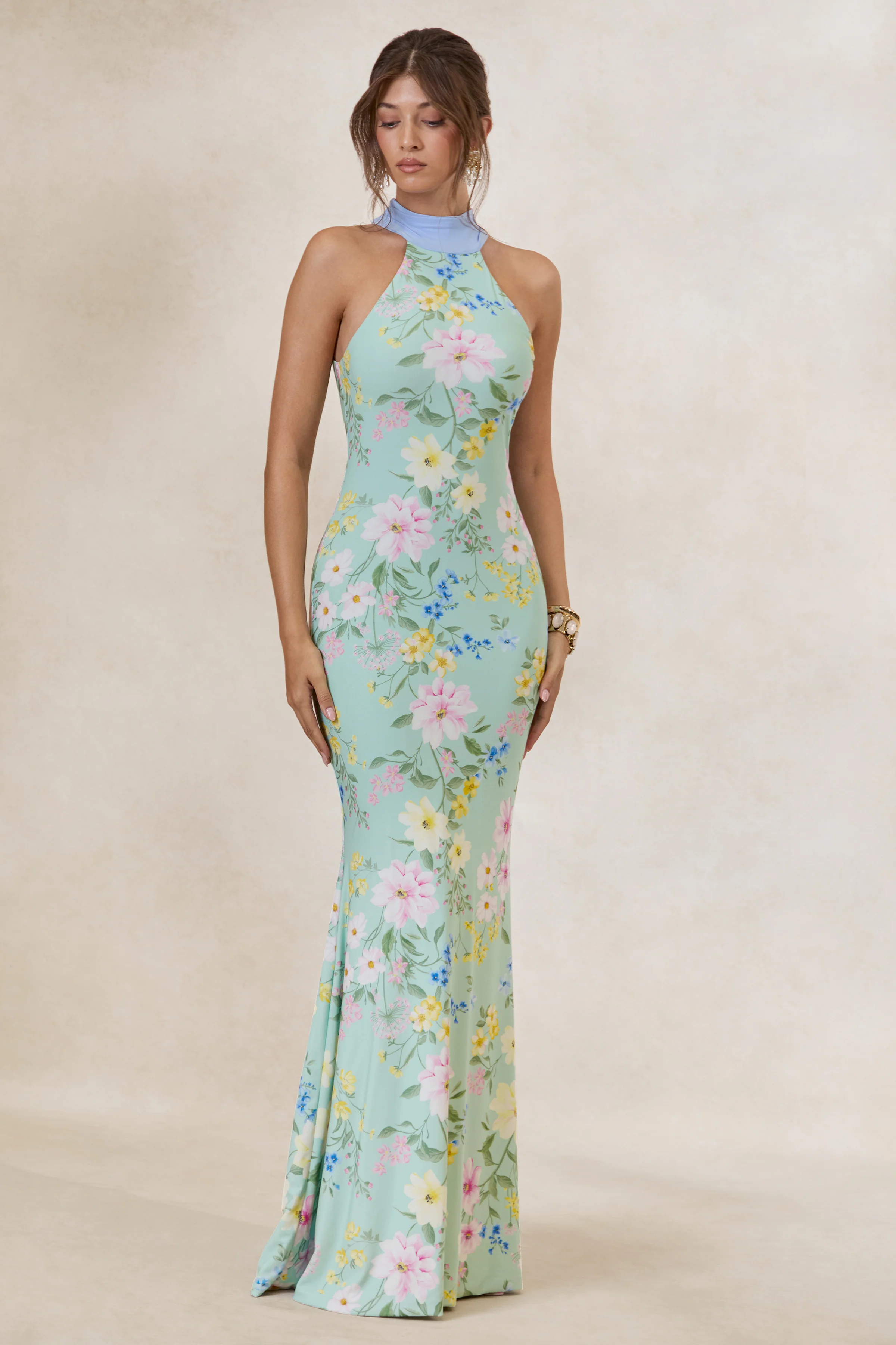 Inarah | Mint Floral Print High-Neck Maxi Dress With Scarf Detail - Image 5