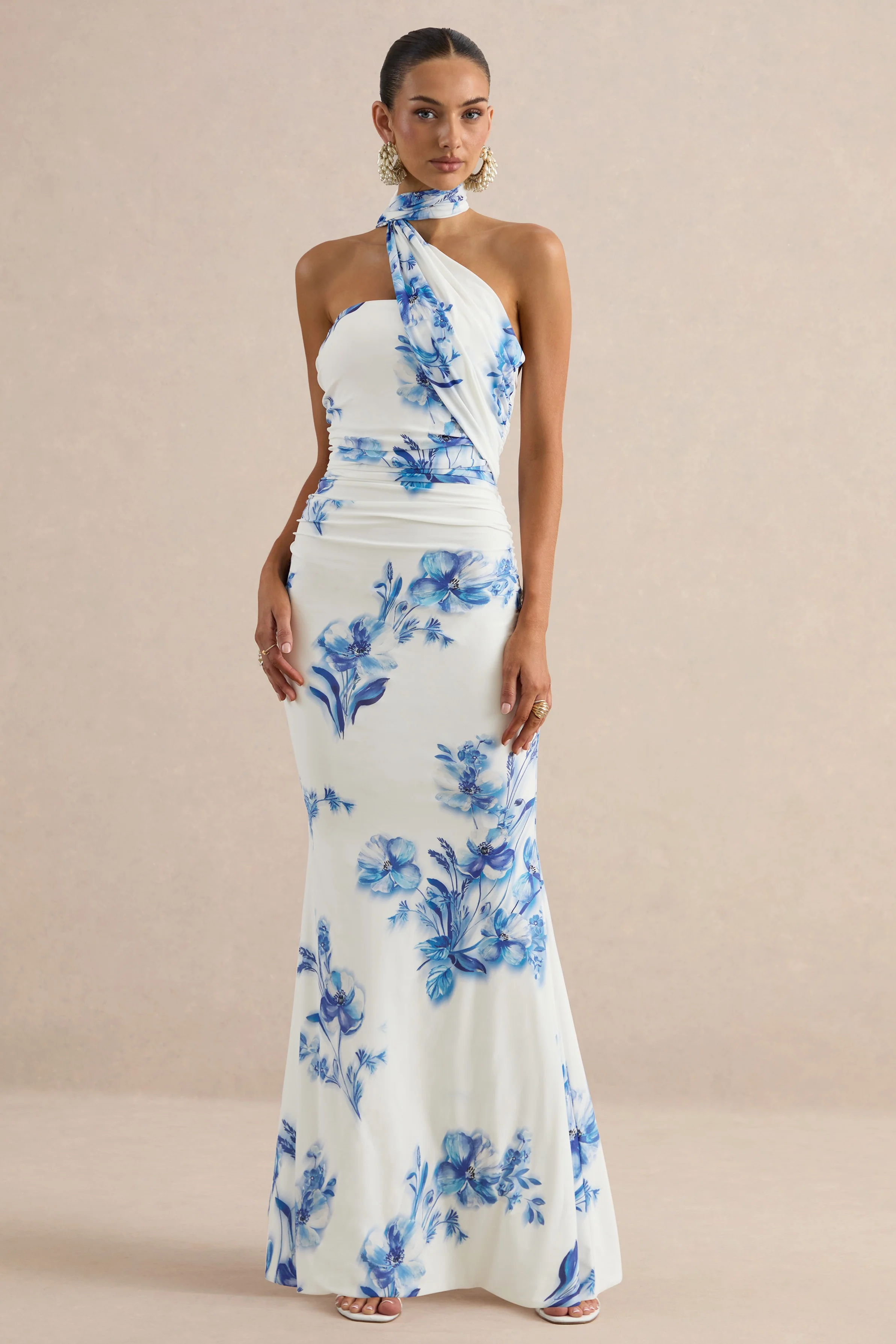 Iraida | Blue Floral Print High-Neck Maxi Dress With Scarf Detail - Image 5
