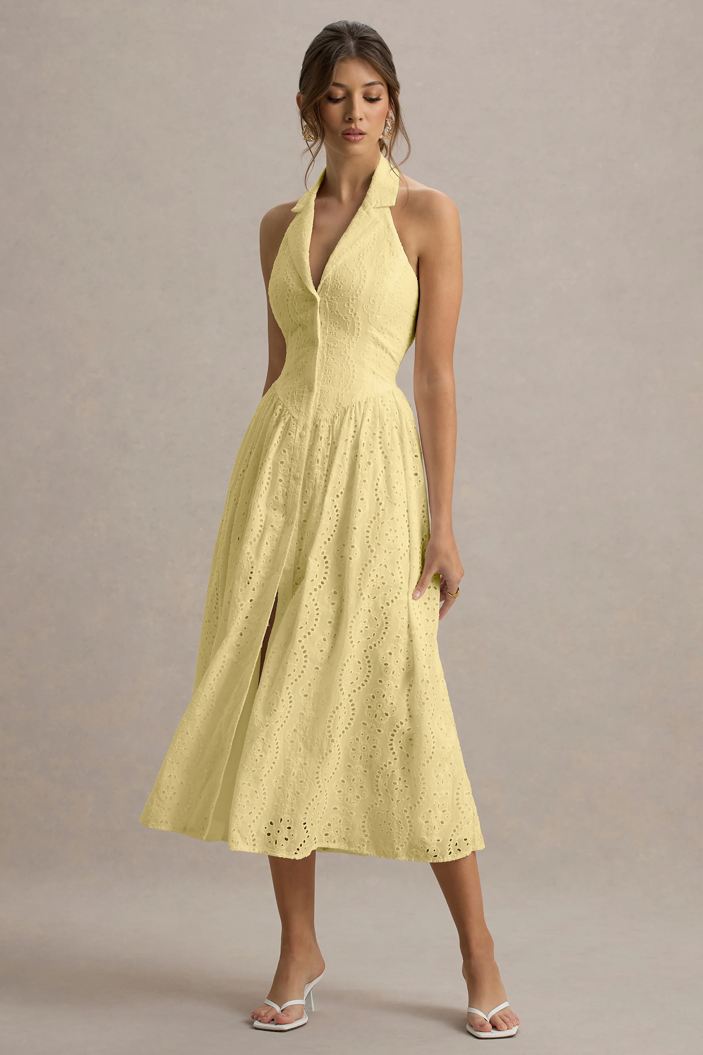 Jezebel | Yellow Lace Plunge-Neck Collared Midi Dress - Image 6