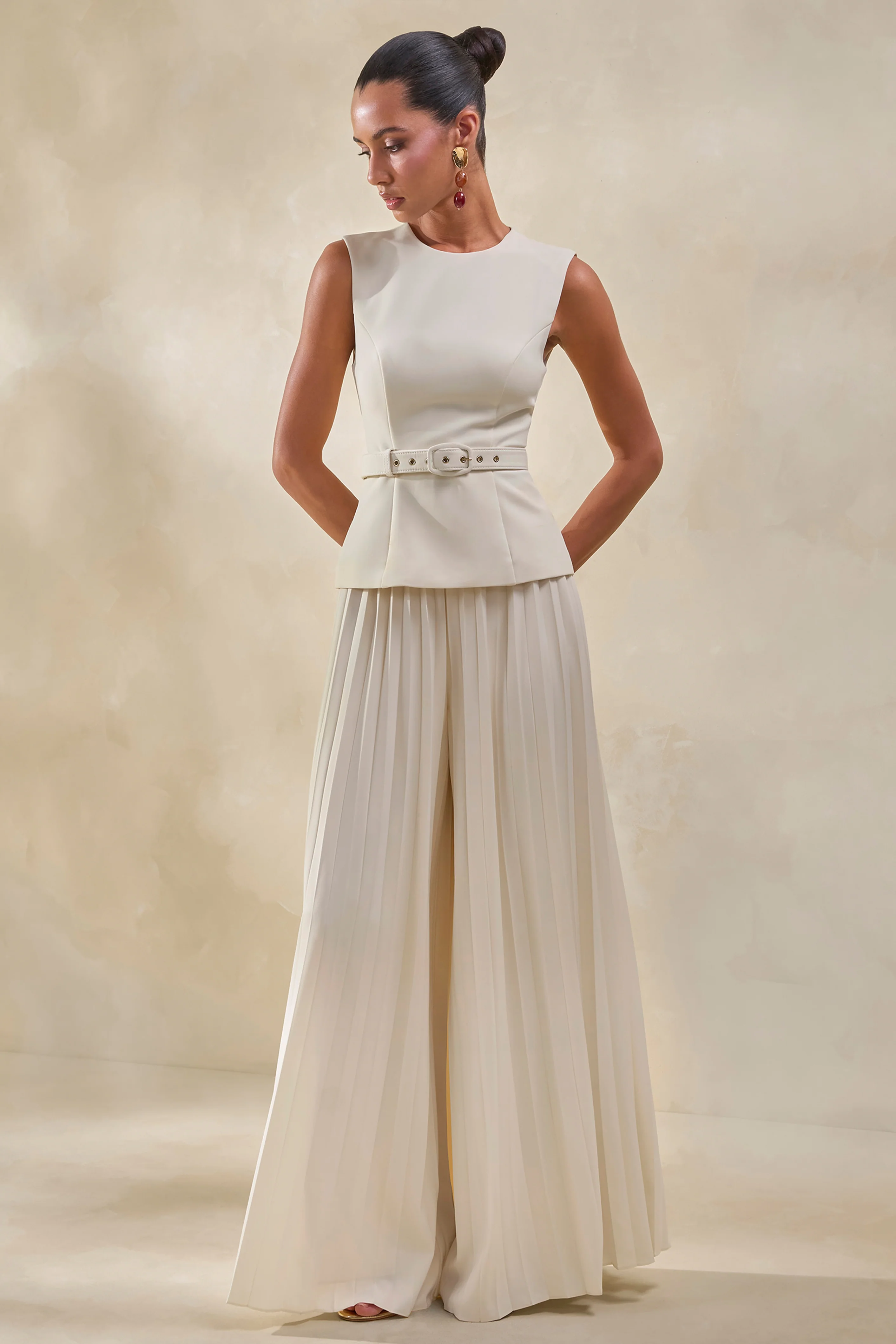 Karienne | Cream Round-Neck Top With Belted-Detail - Image 3