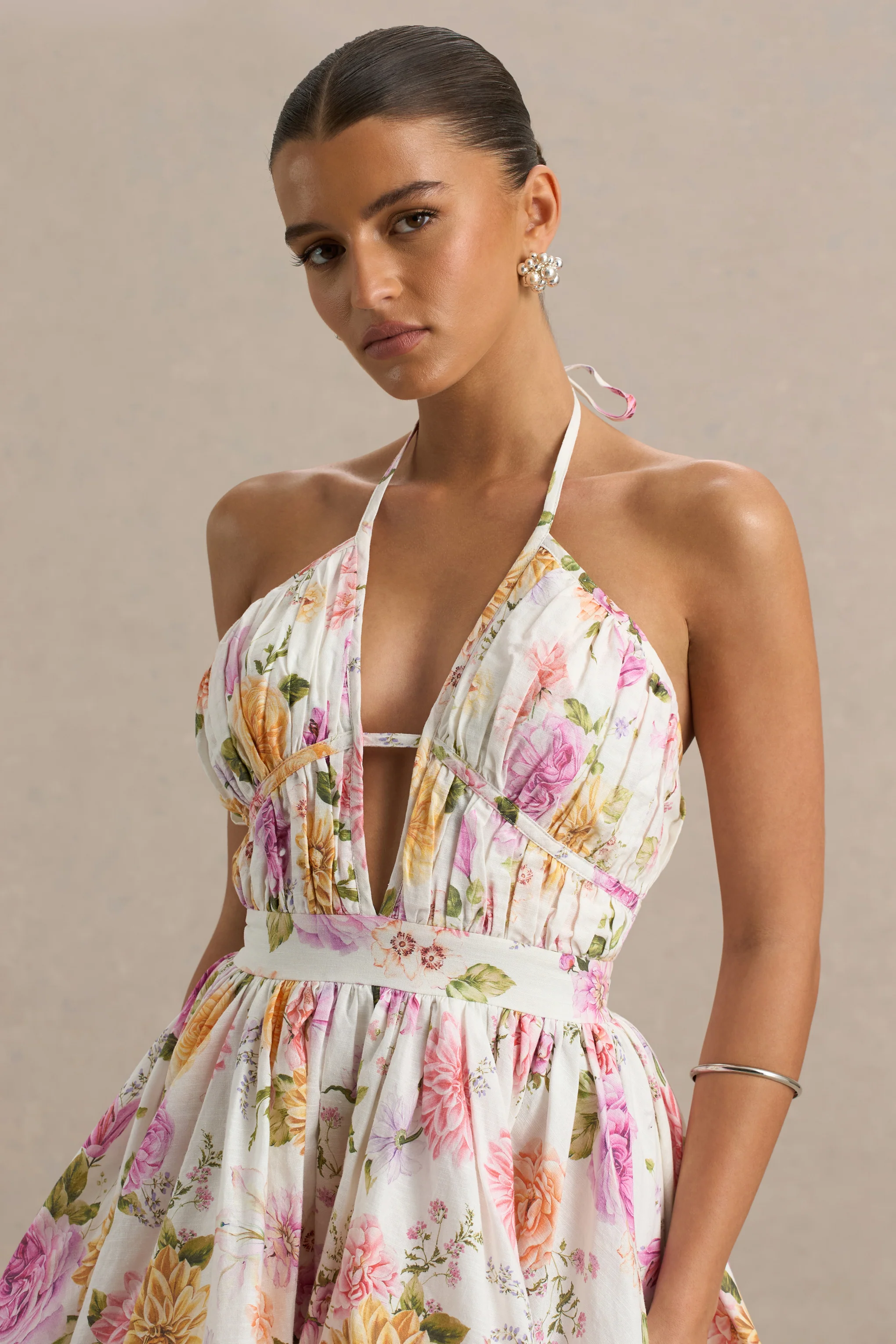 Kasey | Cream Floral Print Halter-Neck Mini Dress With Ruffle Detail - Image 3