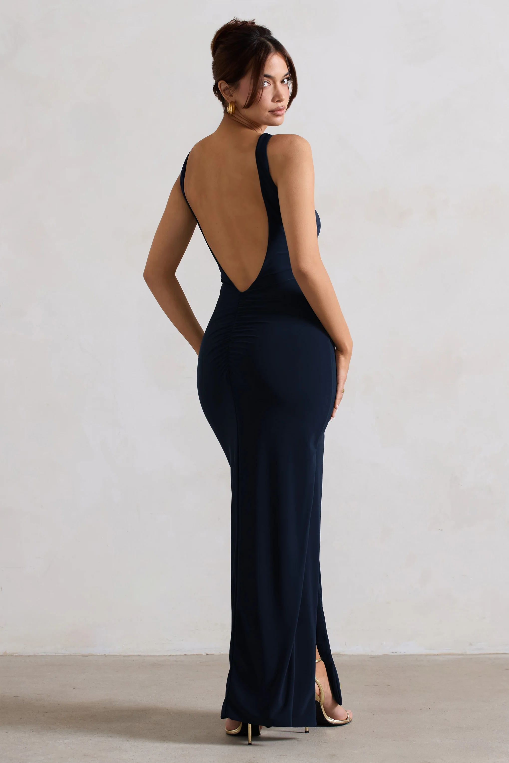 Kate | Navy Square Neck Maxi Dress with Plunge Back and Side Thigh Split - Image 2