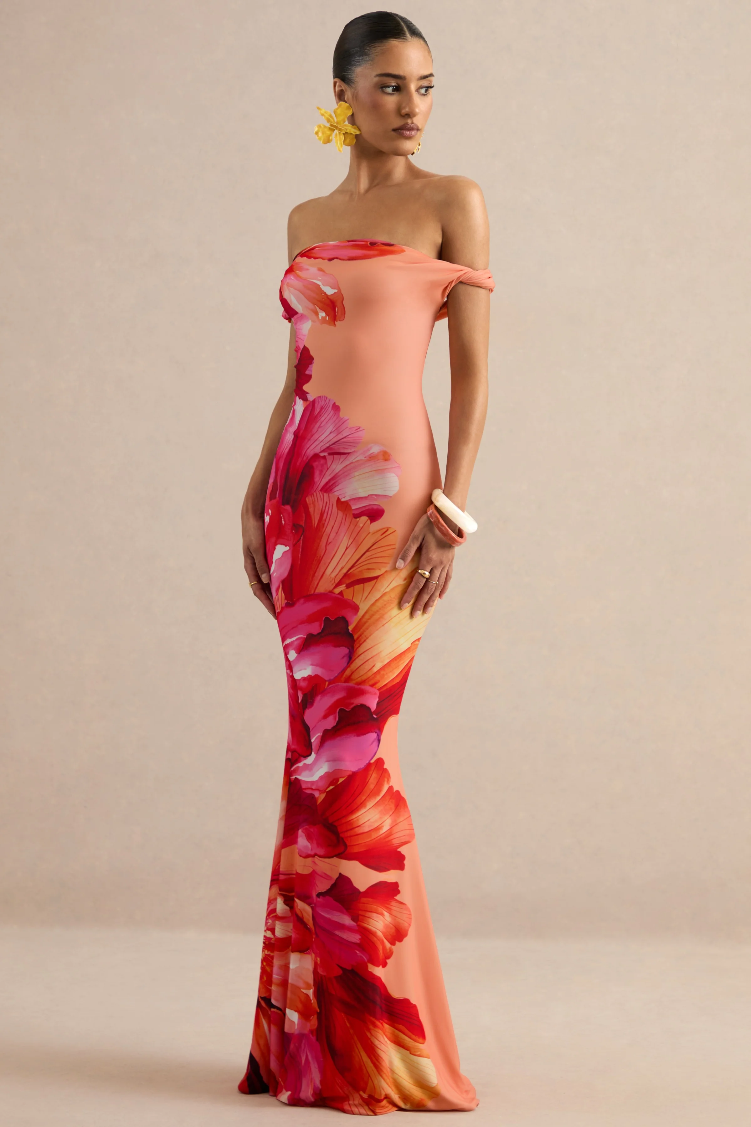Katia | Hot Pink Placement Floral Print Asymmetric-Neck Maxi Dress - Image 4