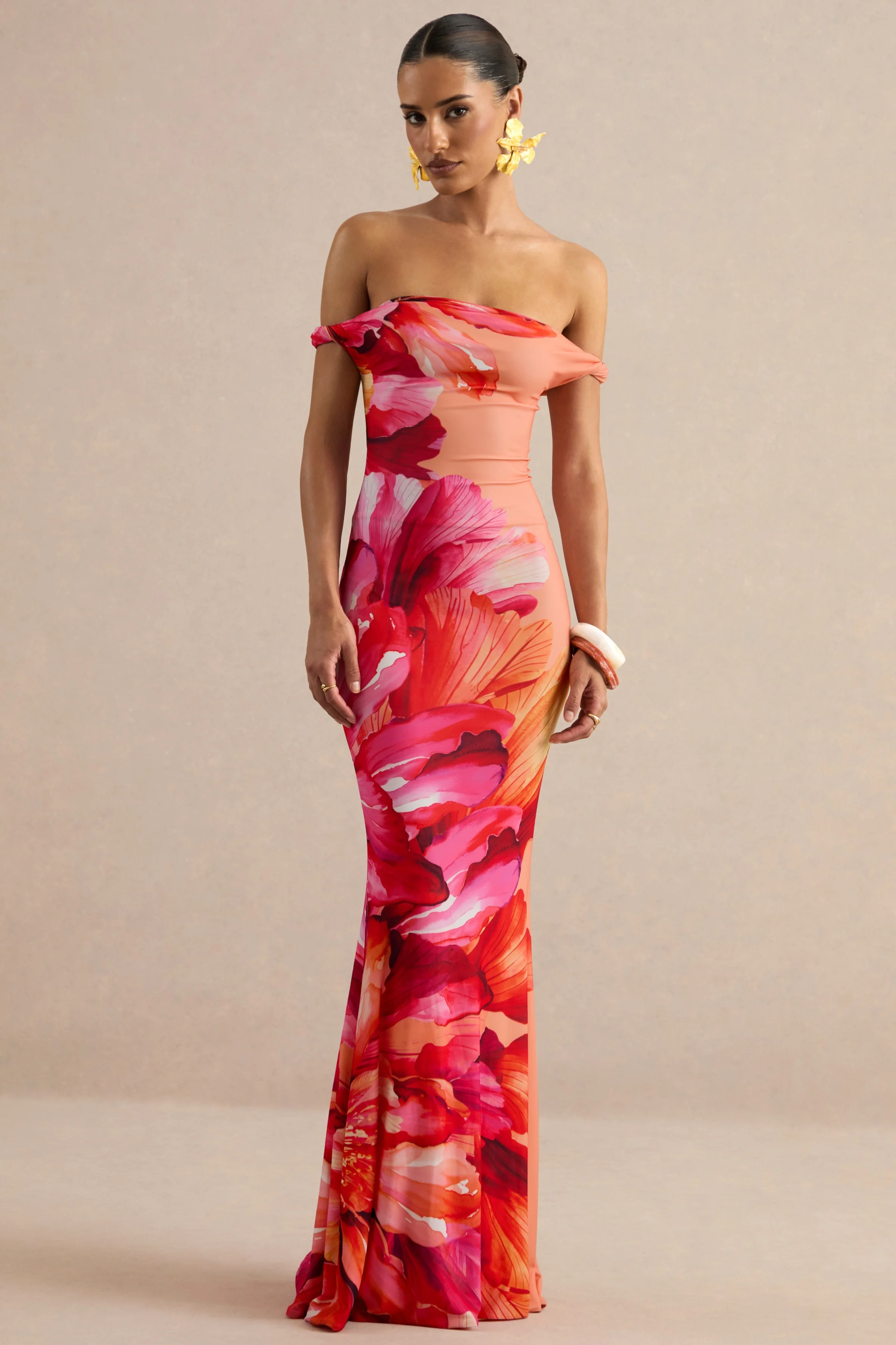 Katia | Hot Pink Placement Floral Print Asymmetric-Neck Maxi Dress - Image 7