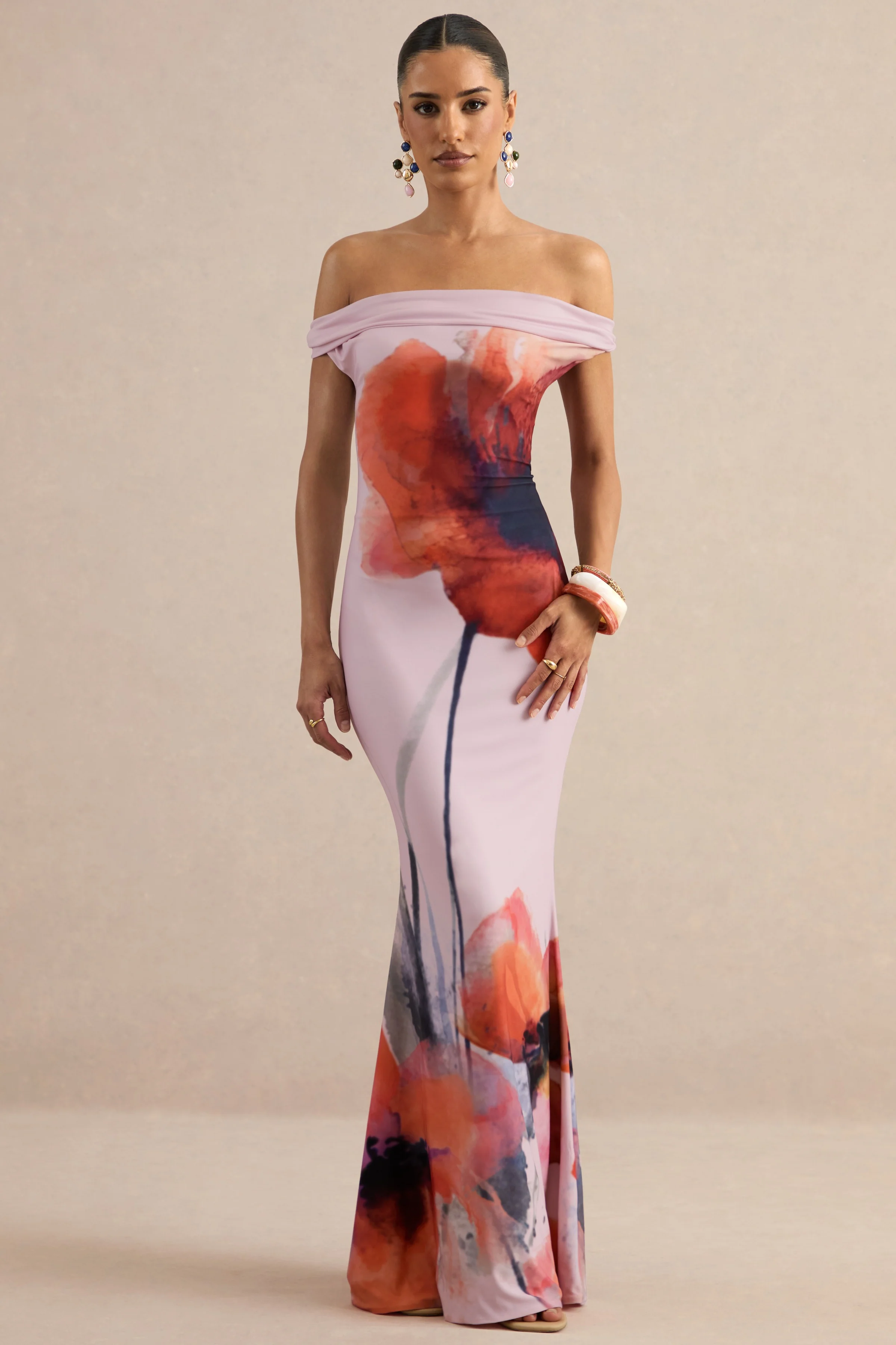 Katia | Pink Poppy Print Bardot-Neck Maxi Dress