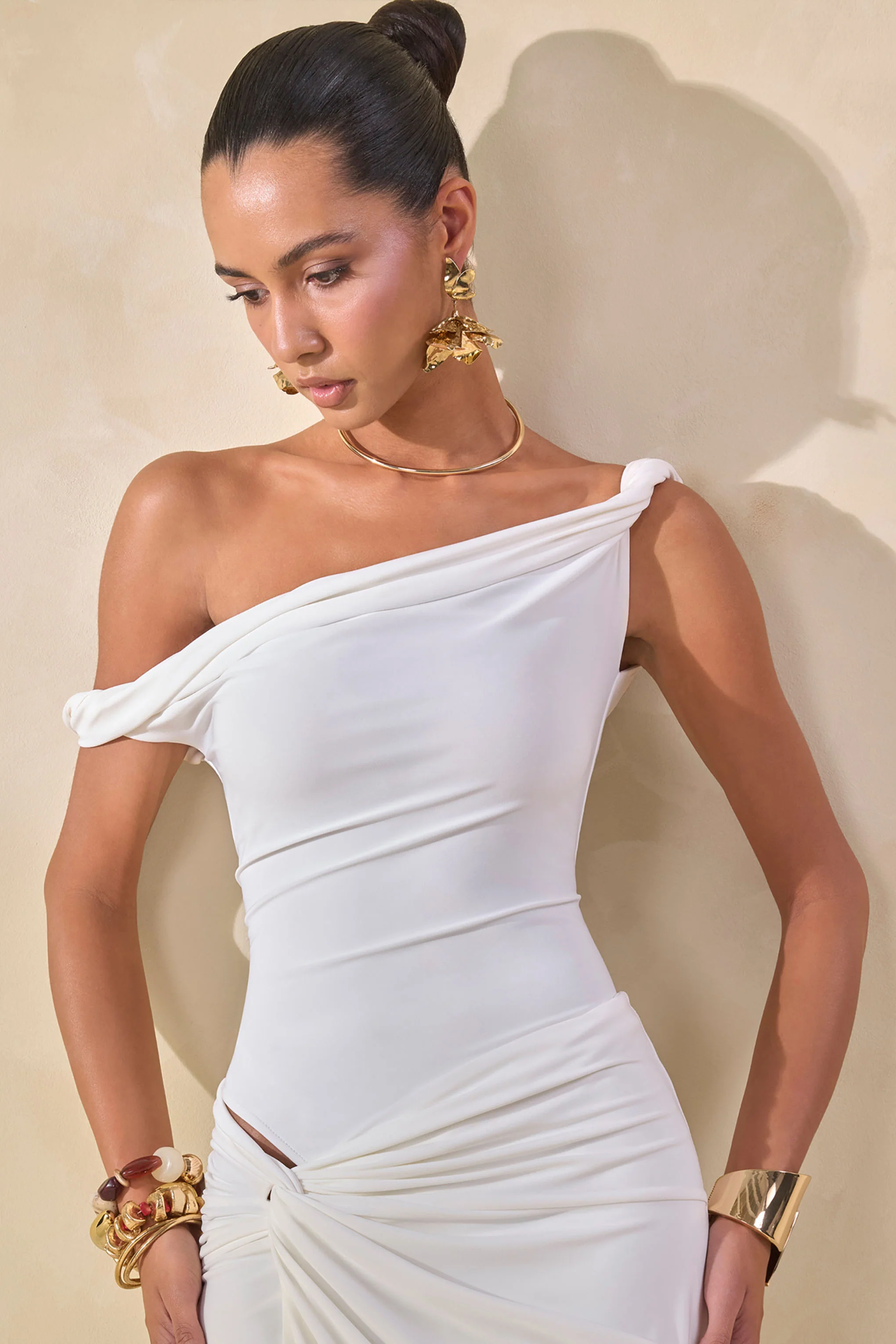Kesia | White Twisted Asymmetric Thong Bodysuit - Image 4