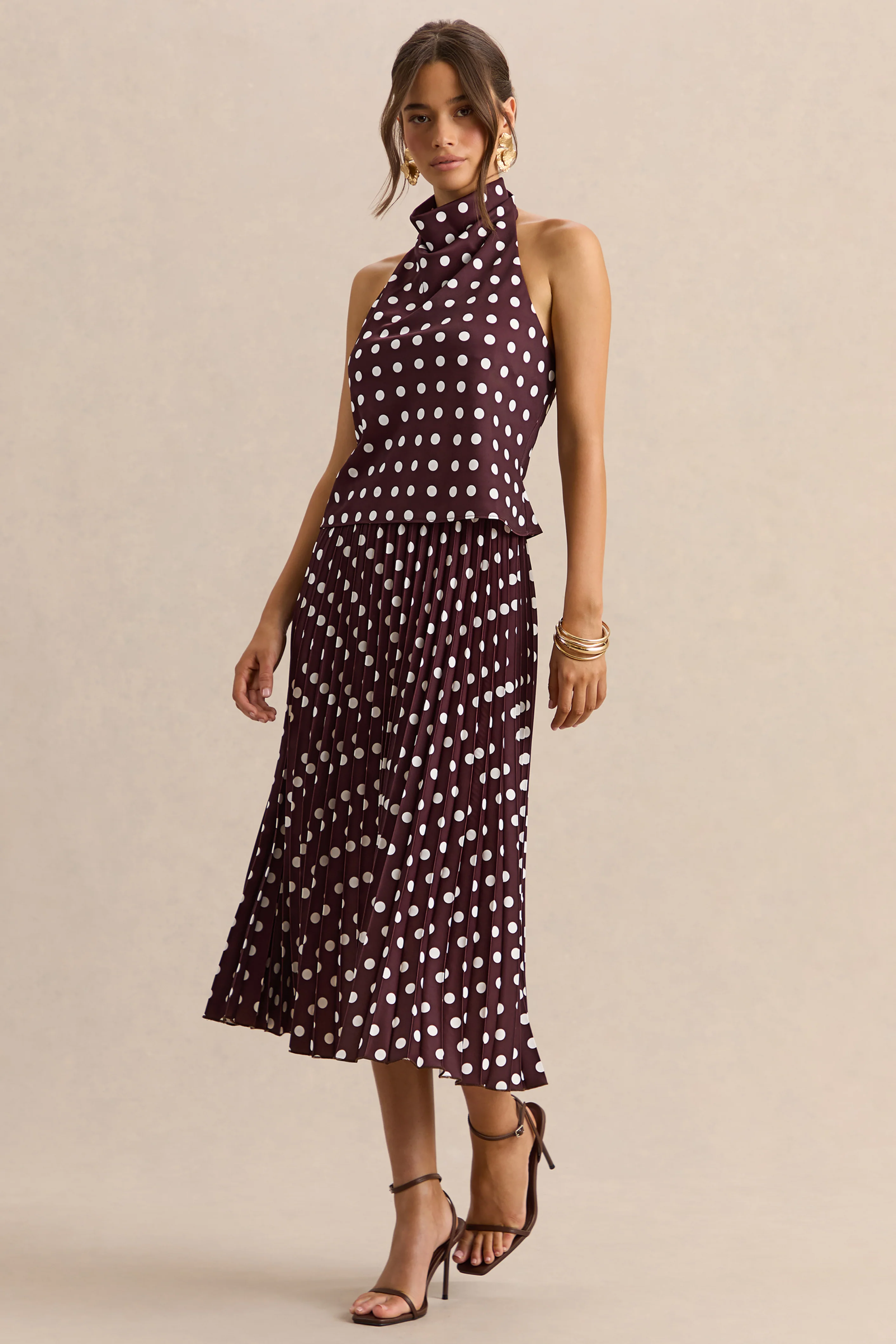 Kiora | Brown Polka-Dot Satin Midi Skirt - Image 6