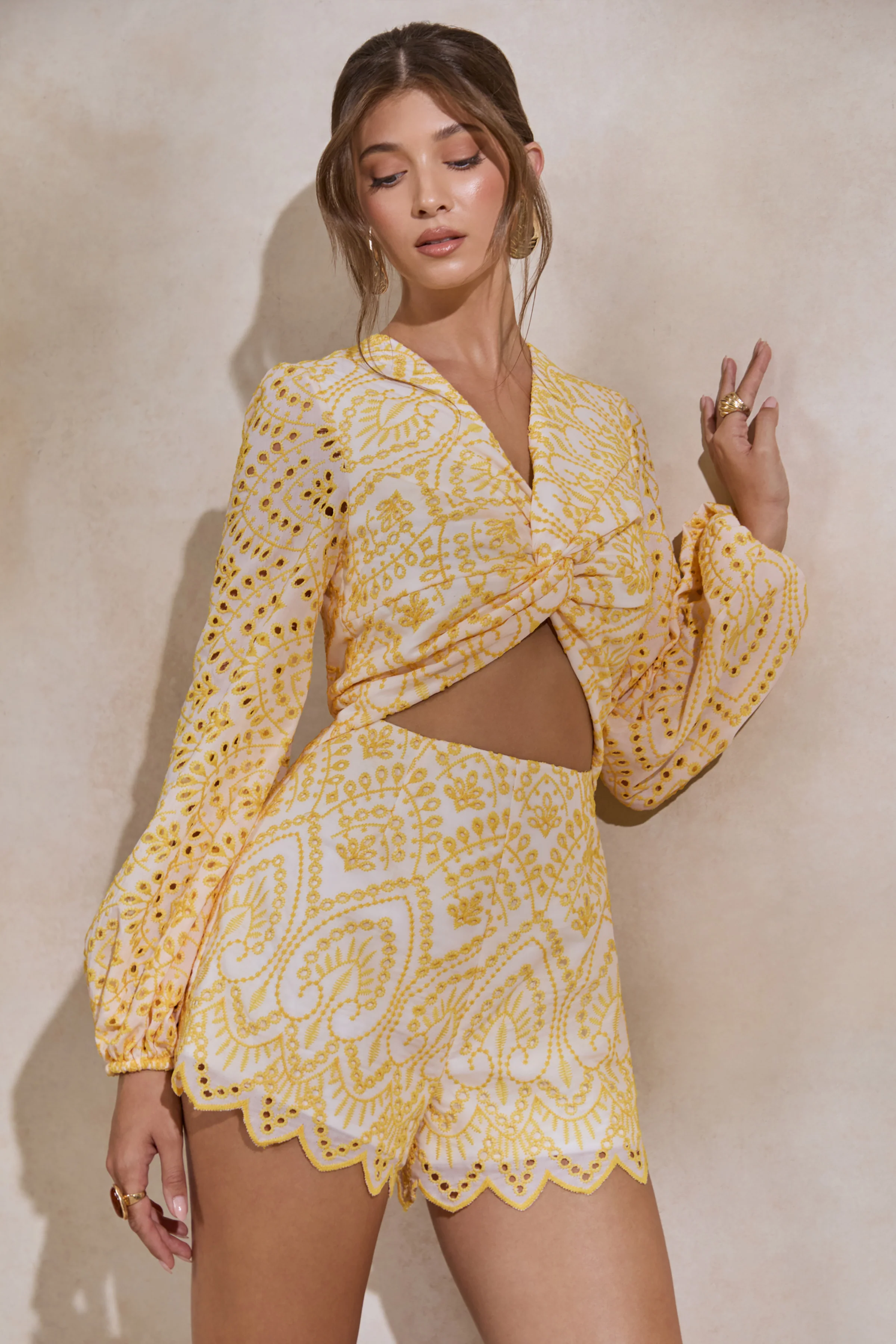 Ksenia | Lemon and White Broderie Plunge-Neck Playsuit With Twist Detail - Image 6