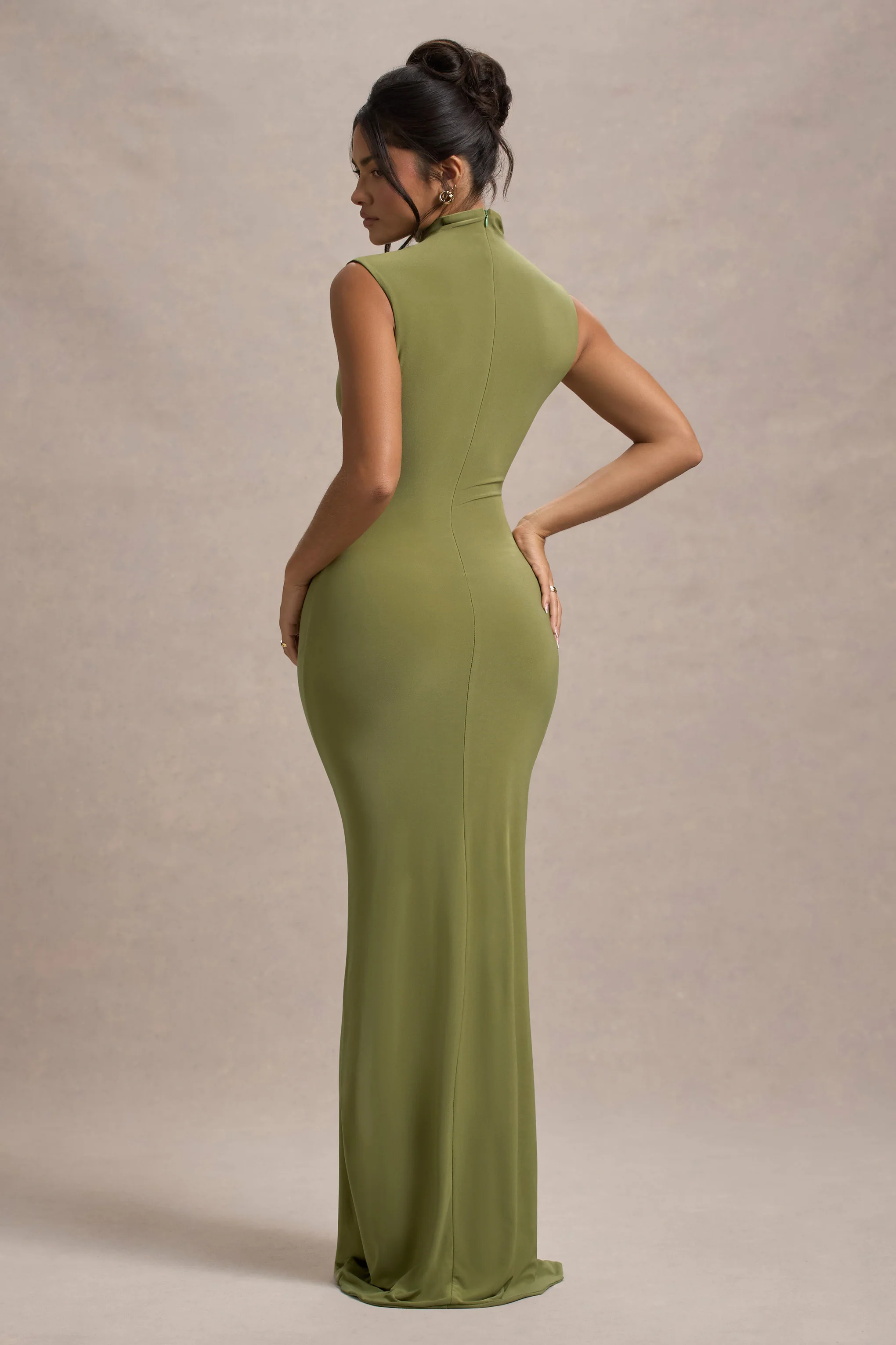 Lanetta | Olive Ruched High-Neck Maxi Dress With Split - Image 2