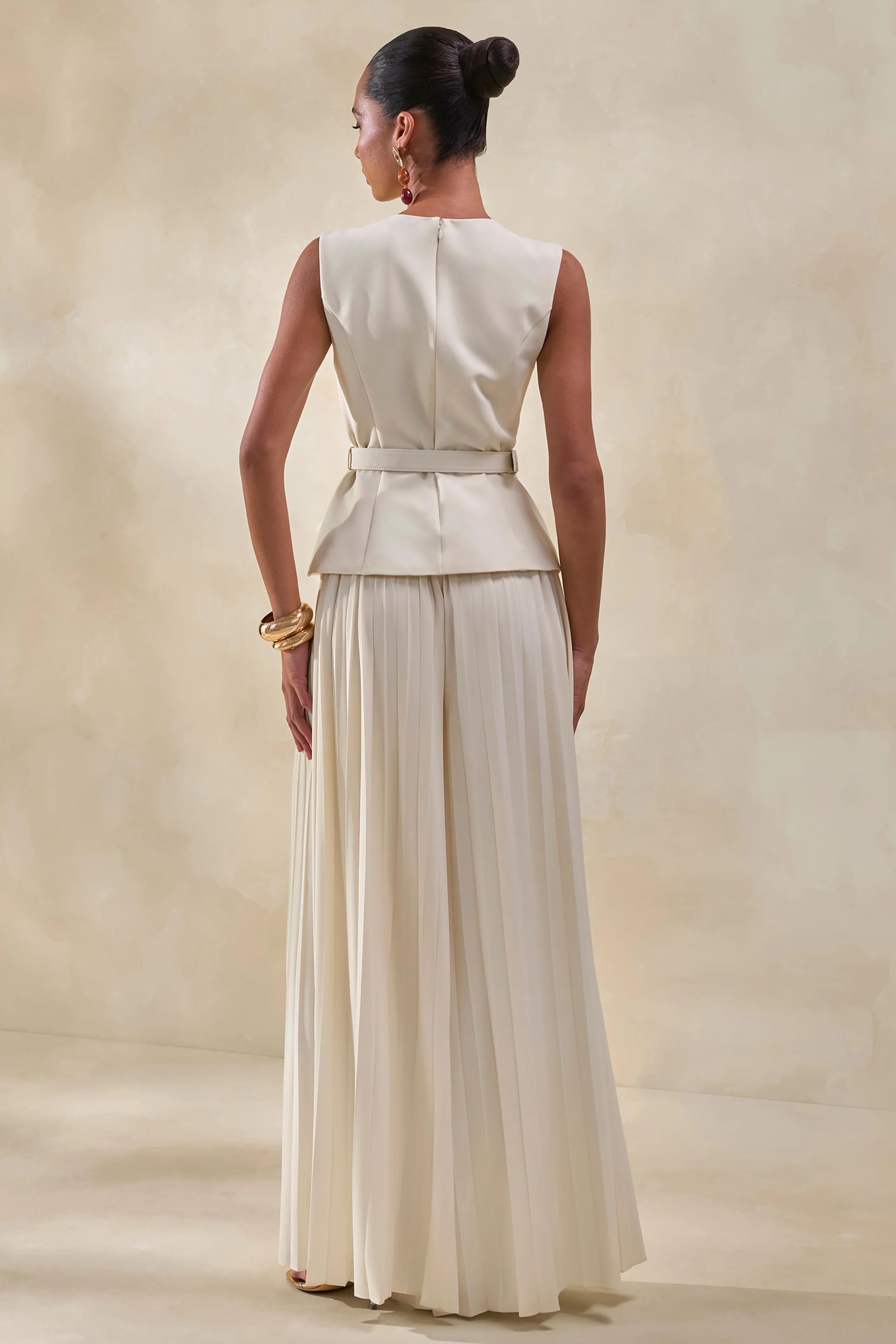 Lerenza | Cream Satin Wide-Leg Pleated Trousers - Image 4