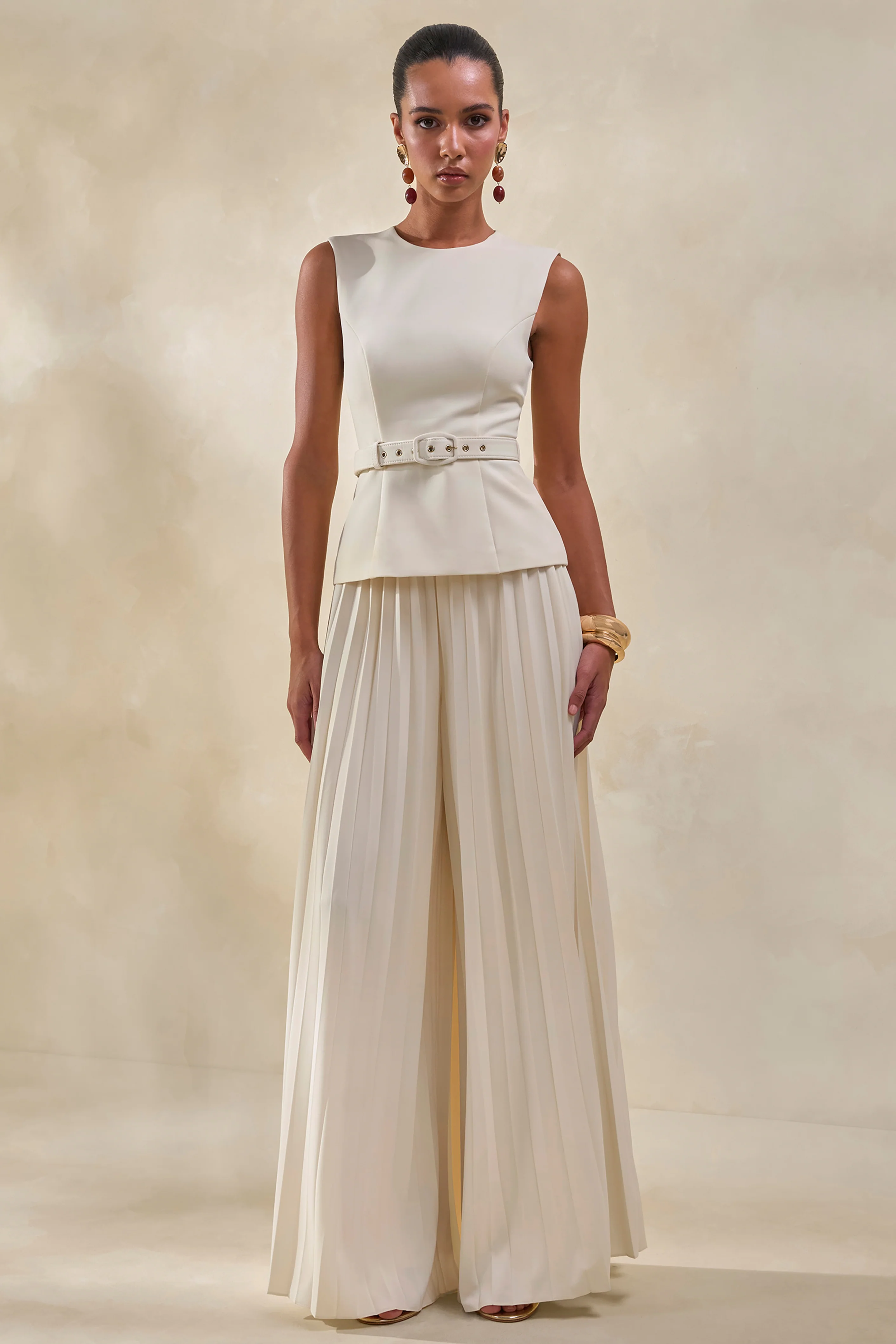 Lerenza | Cream Satin Wide-Leg Pleated Trousers - Image 6