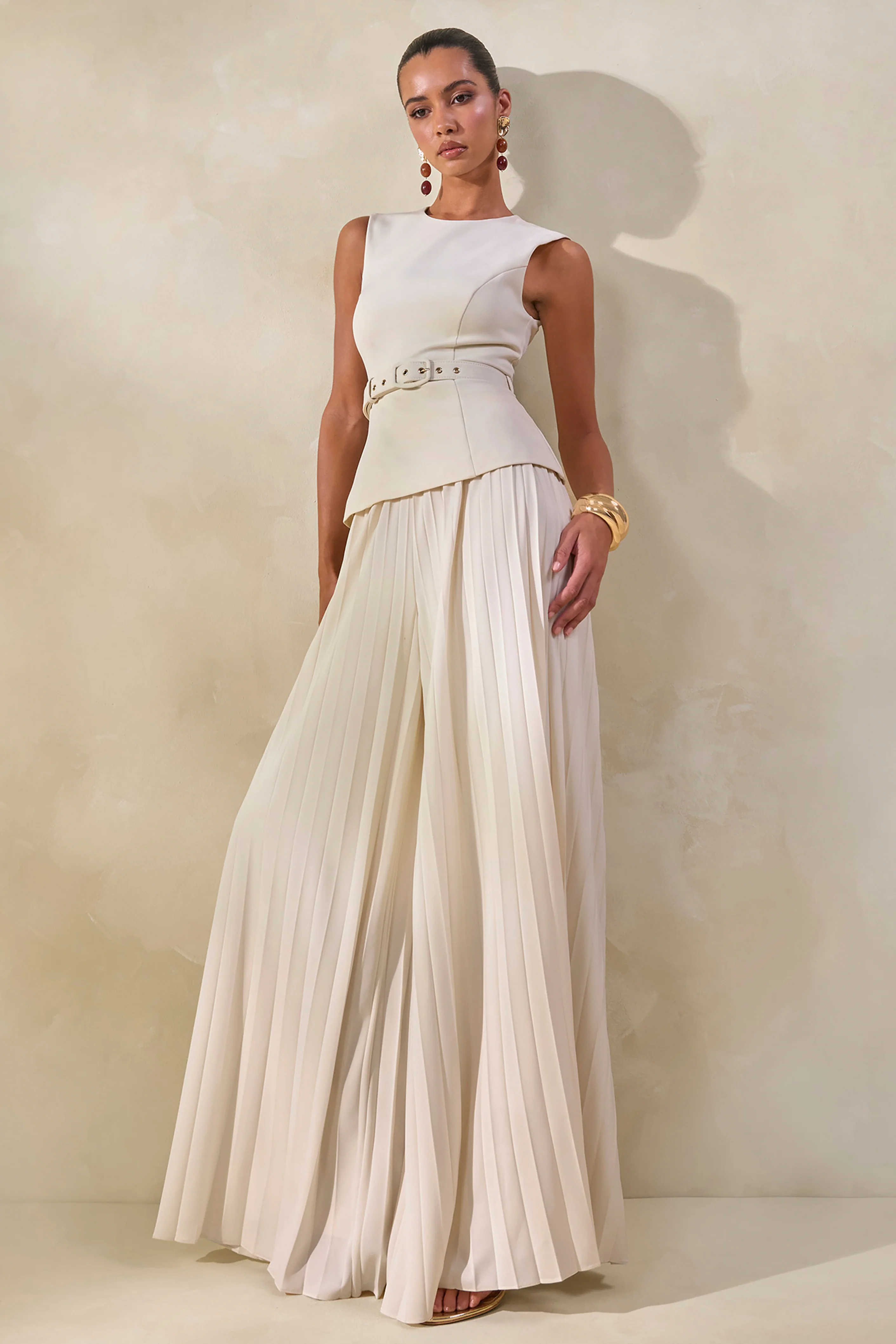 Lerenza | Cream Satin Wide-Leg Pleated Trousers - Image 7