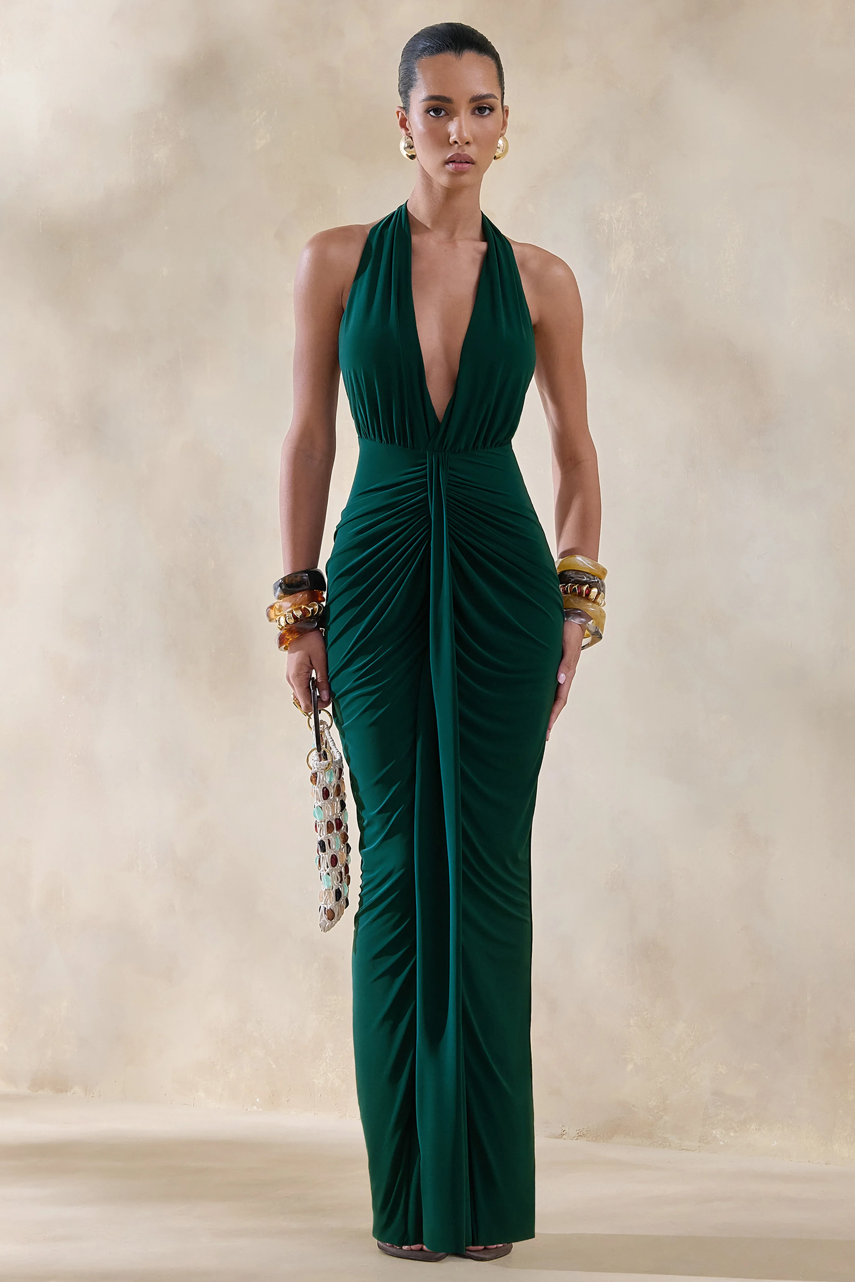 Lesley | Bottle Green Plunge-Neck Maxi Dress