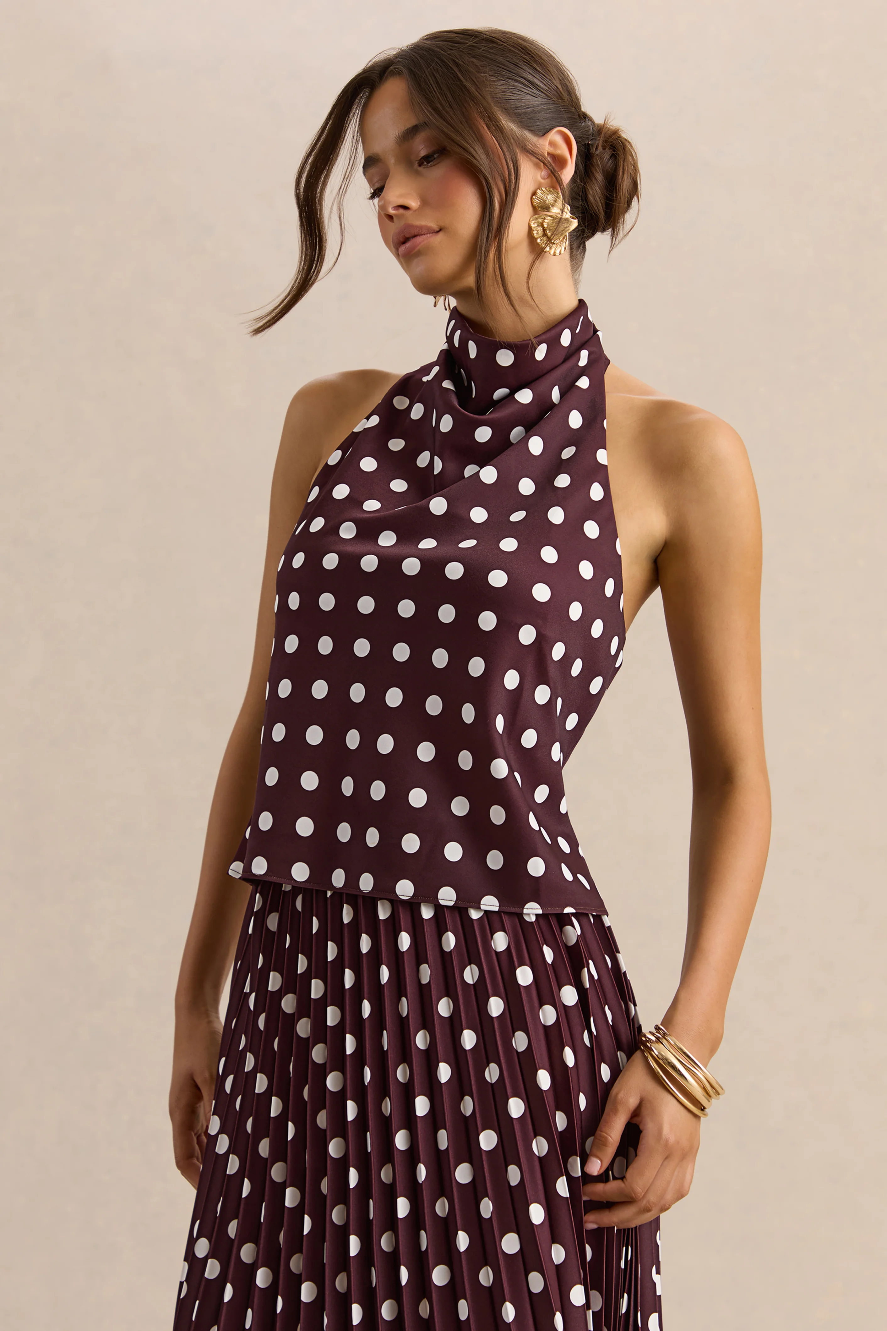 Lirona | Brown Polka-Dot Satin High-Neck Top - Image 6