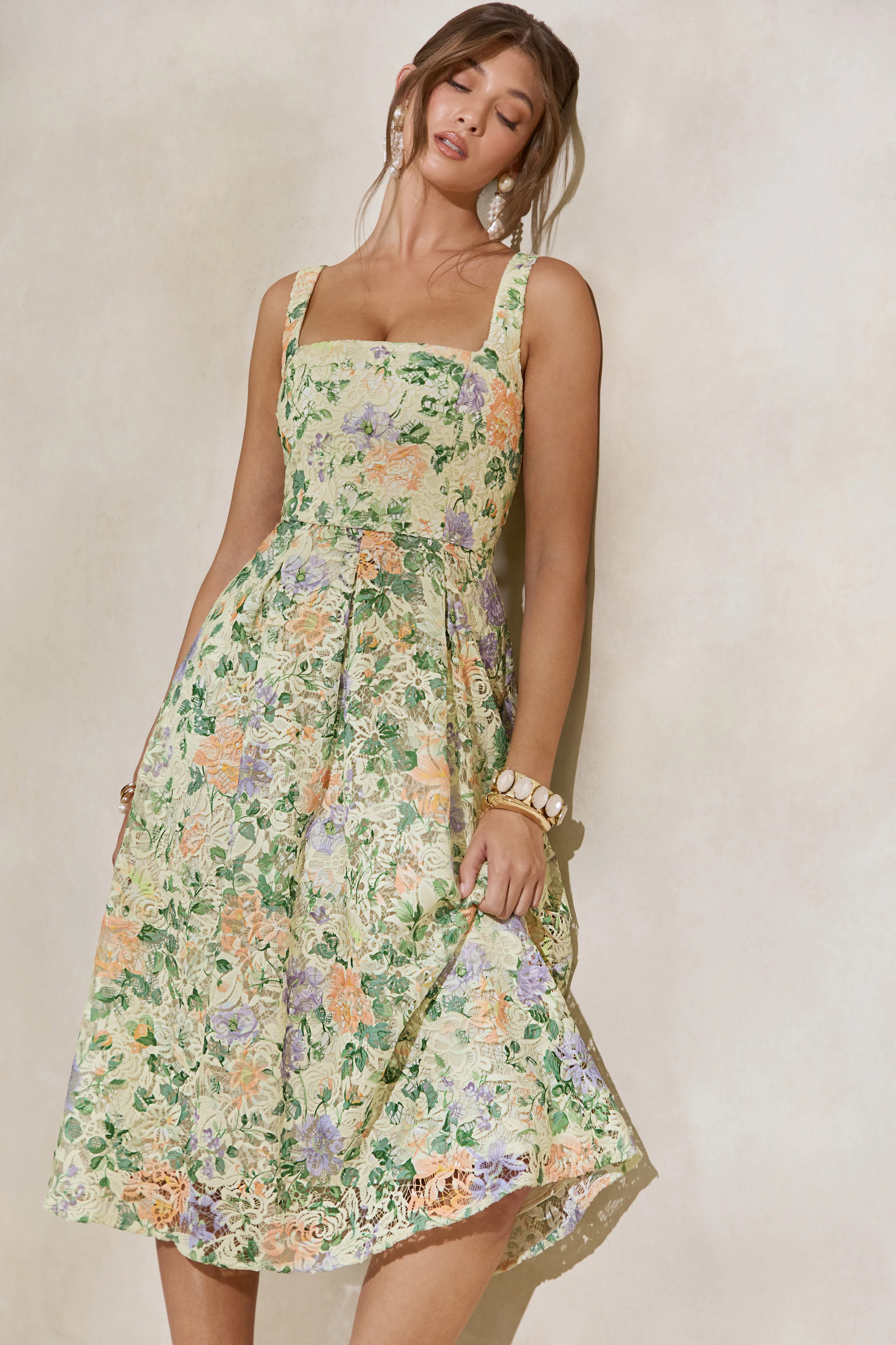 Lorielle | Lemon Floral Print Lace Square-Neck Midi Dress - Image 2