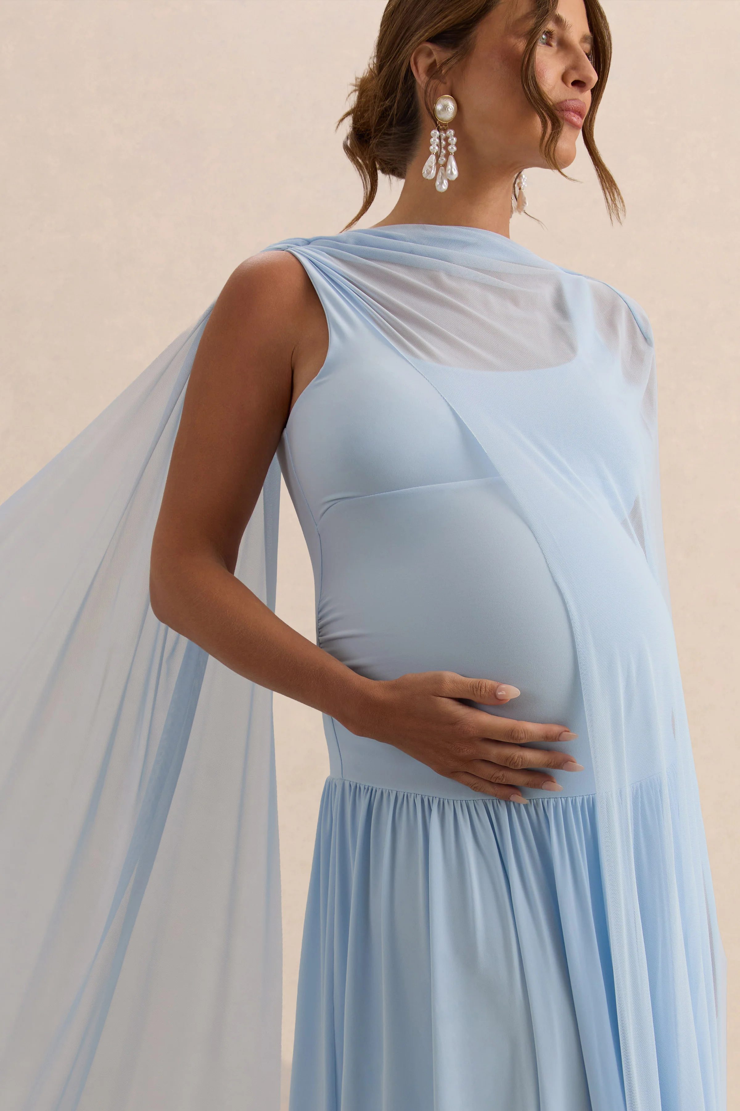 Louella | Light Blue Round-Neck Maternity Maxi Dress With Sheer Cape - Image 4