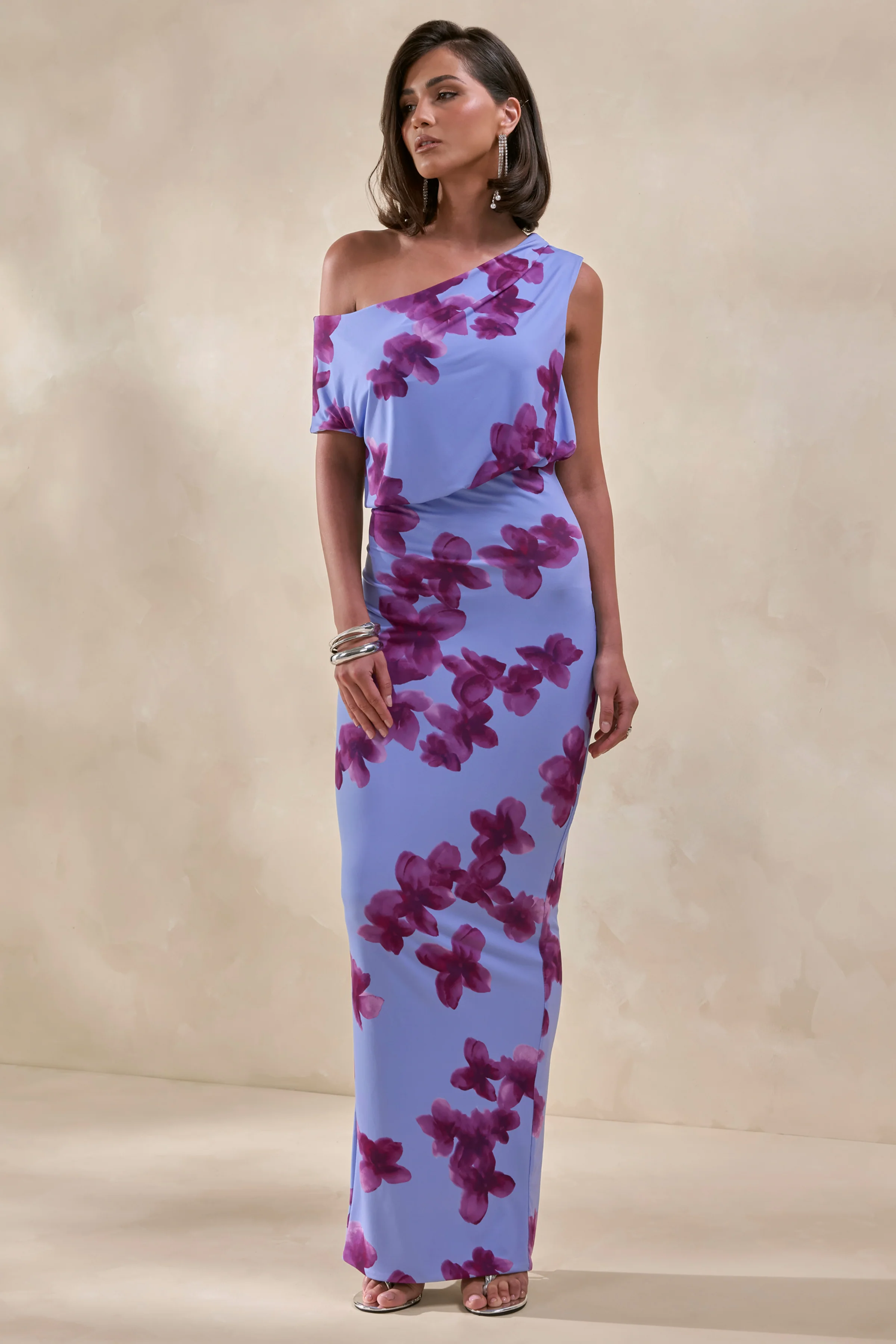 Louisa | Blurred Floral Print Asymmetric-Neck Maxi Dress - Image 6