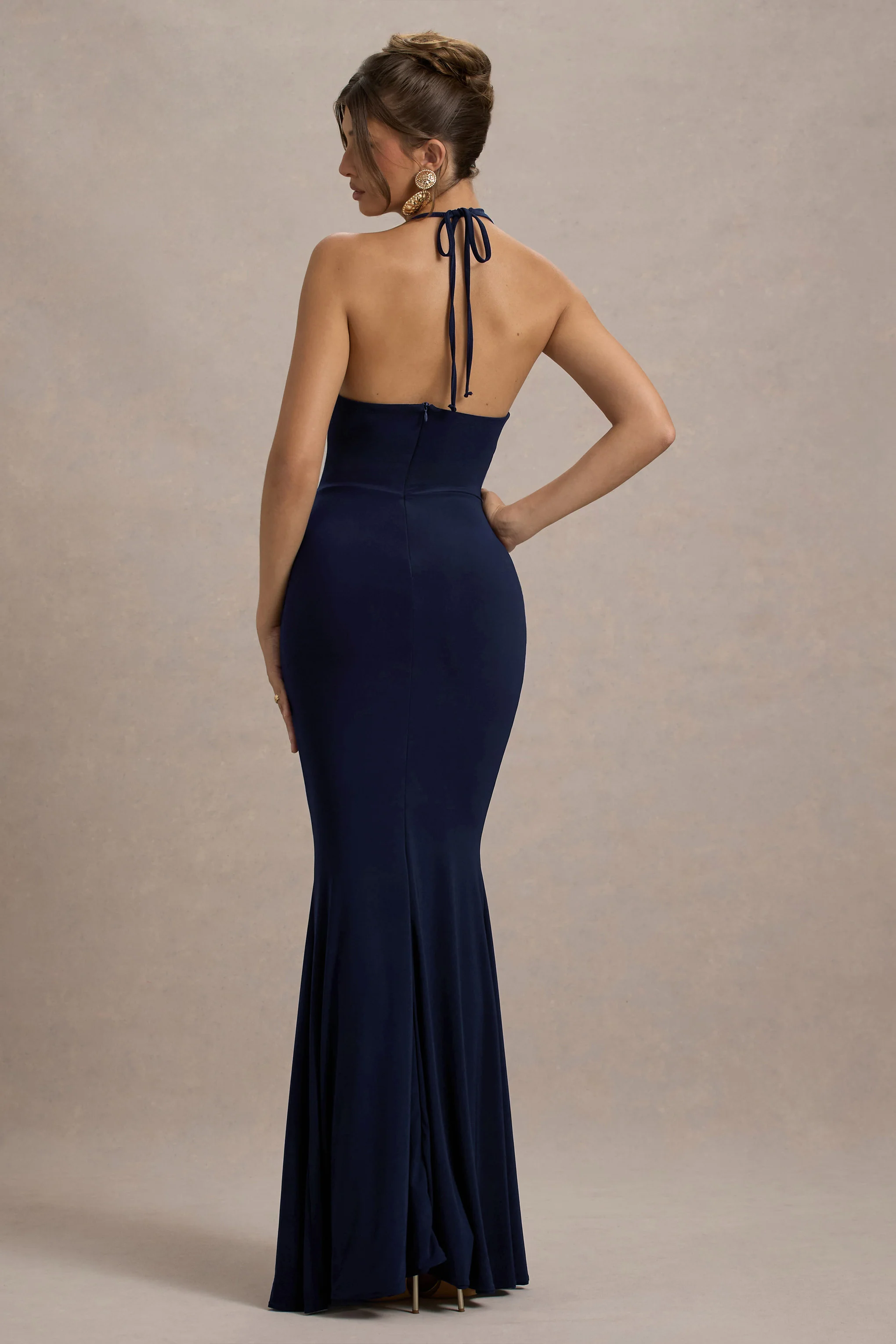 Lucena | Navy Cowl-Neck Wrap Maxi Dress With Floral Drape - Image 2
